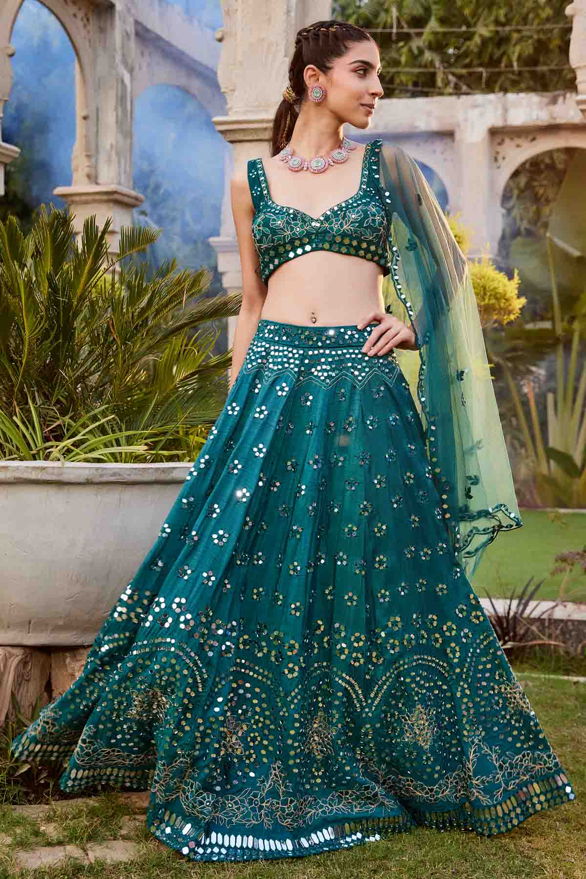 Teal Mirror Embroidered Lehenga Set