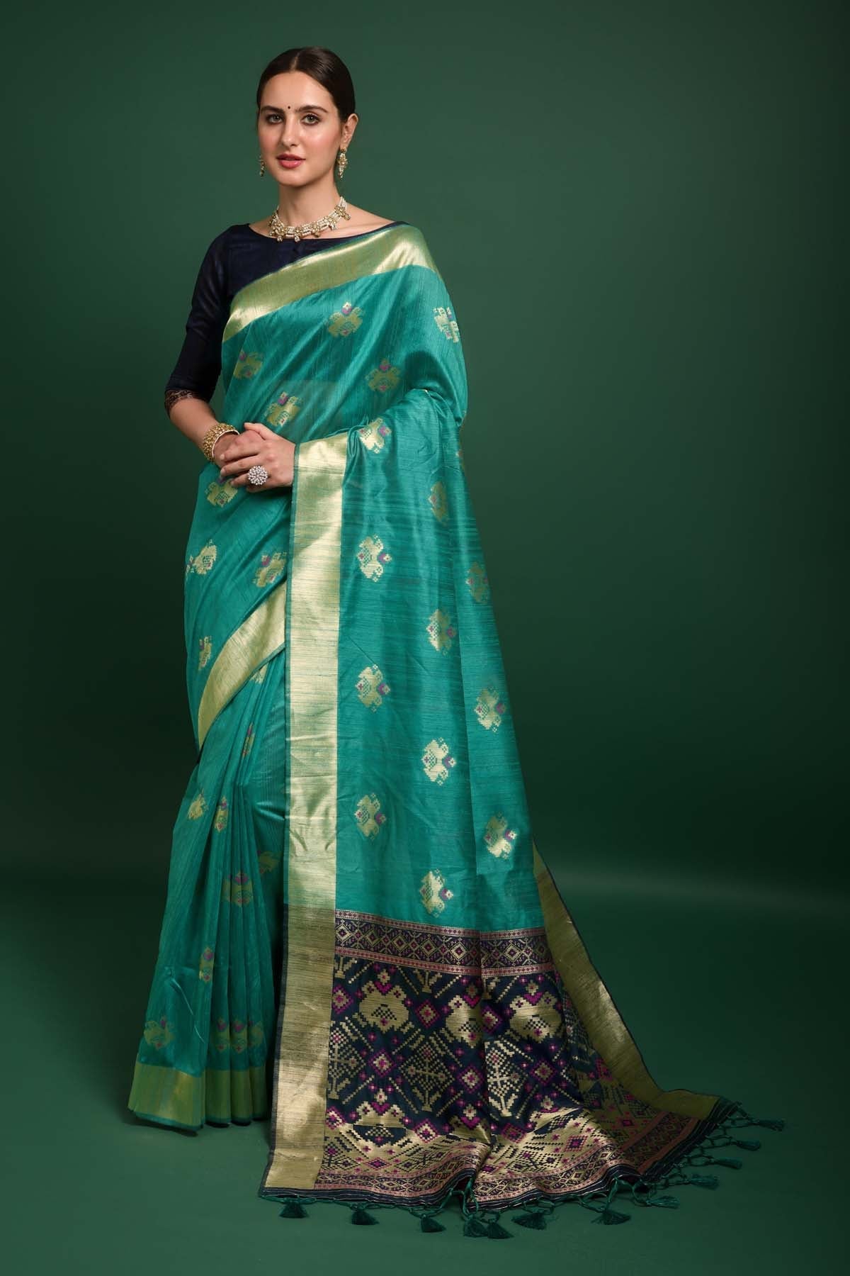Buy Designer Teal Tussar Silk Saree Online