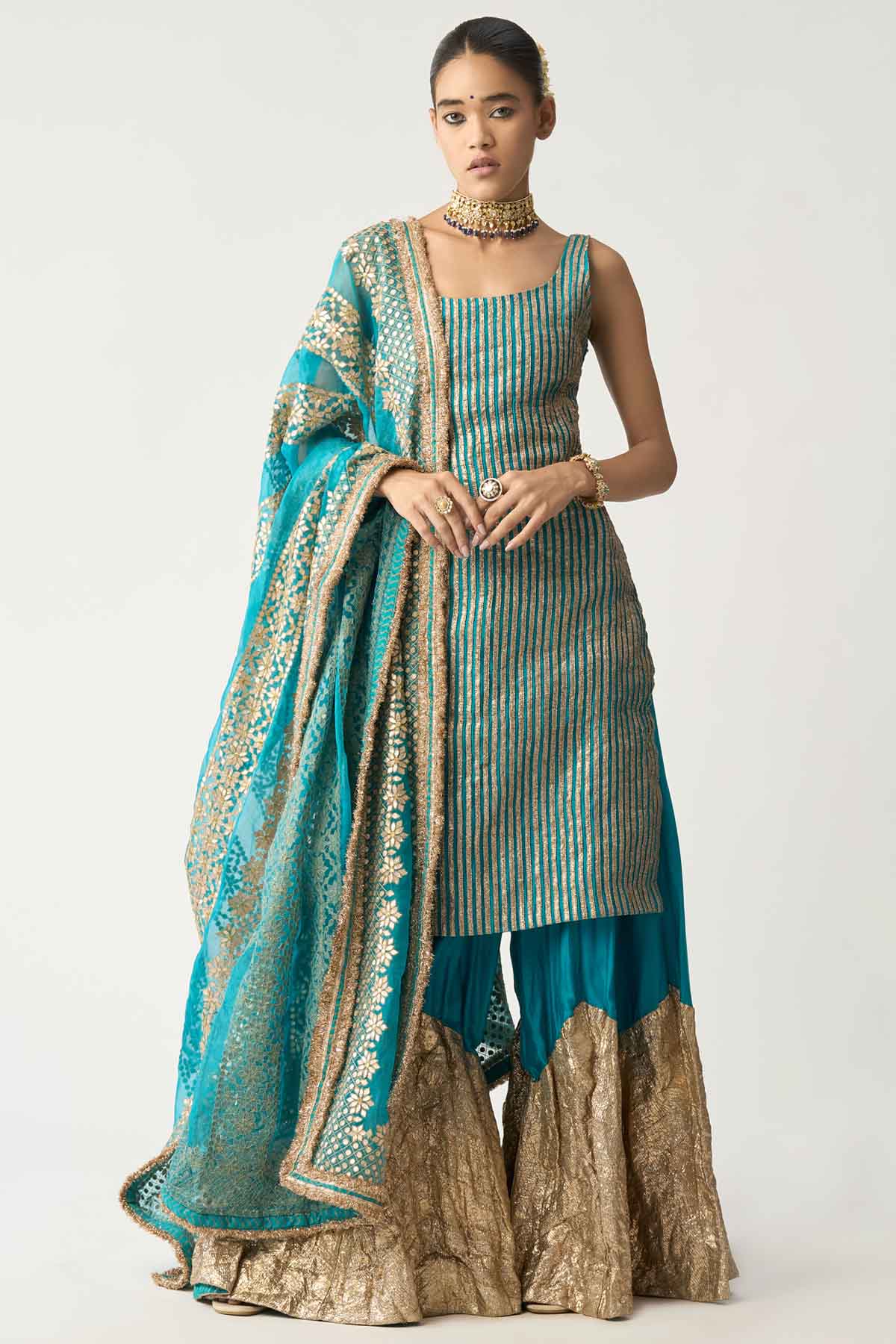 Buy ITRH, Designer Turquoise Lampi Kurta Sharara Set Online