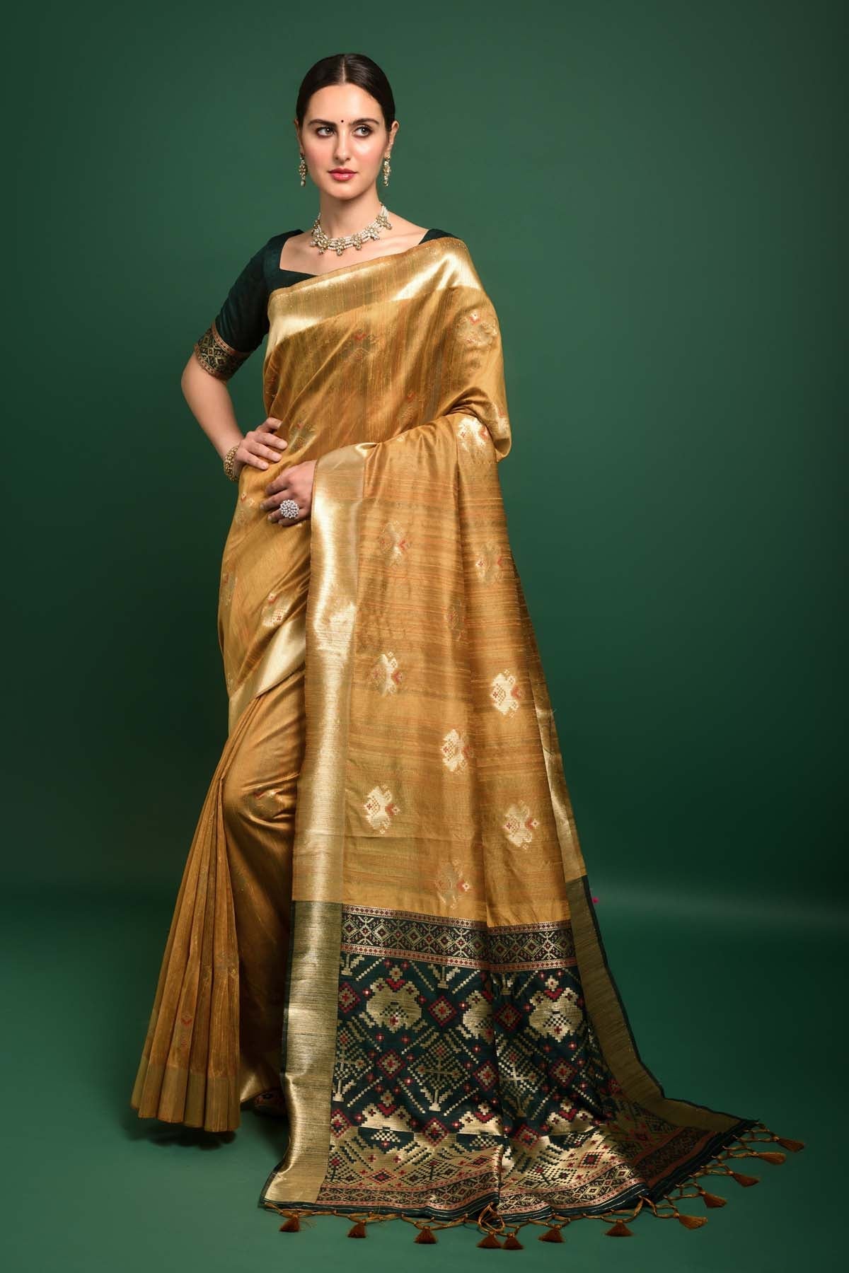 Buy Designer Tussar Silk Mustard Saree Online
