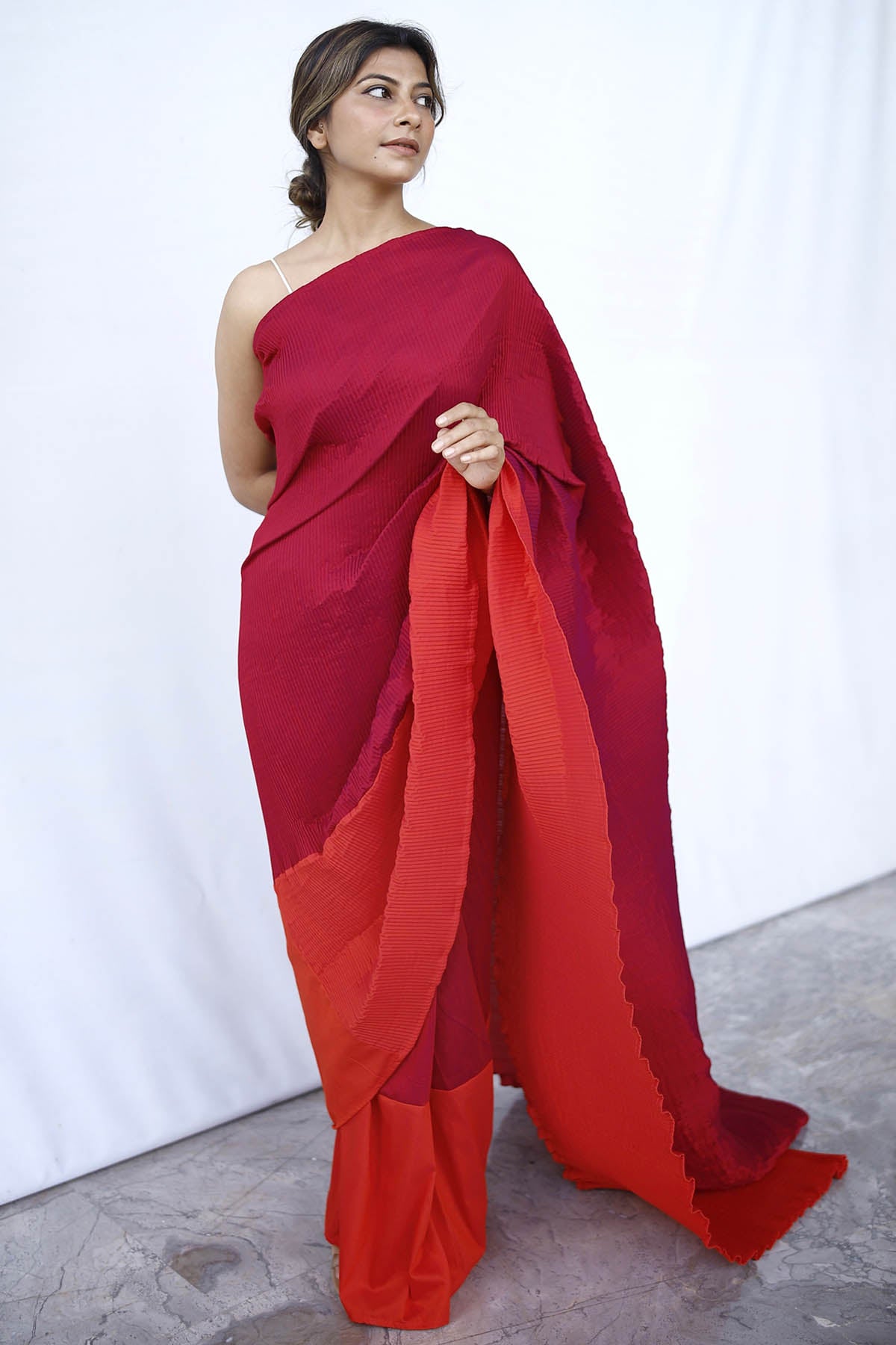 Twilight Sky Red Silk Drape Saree