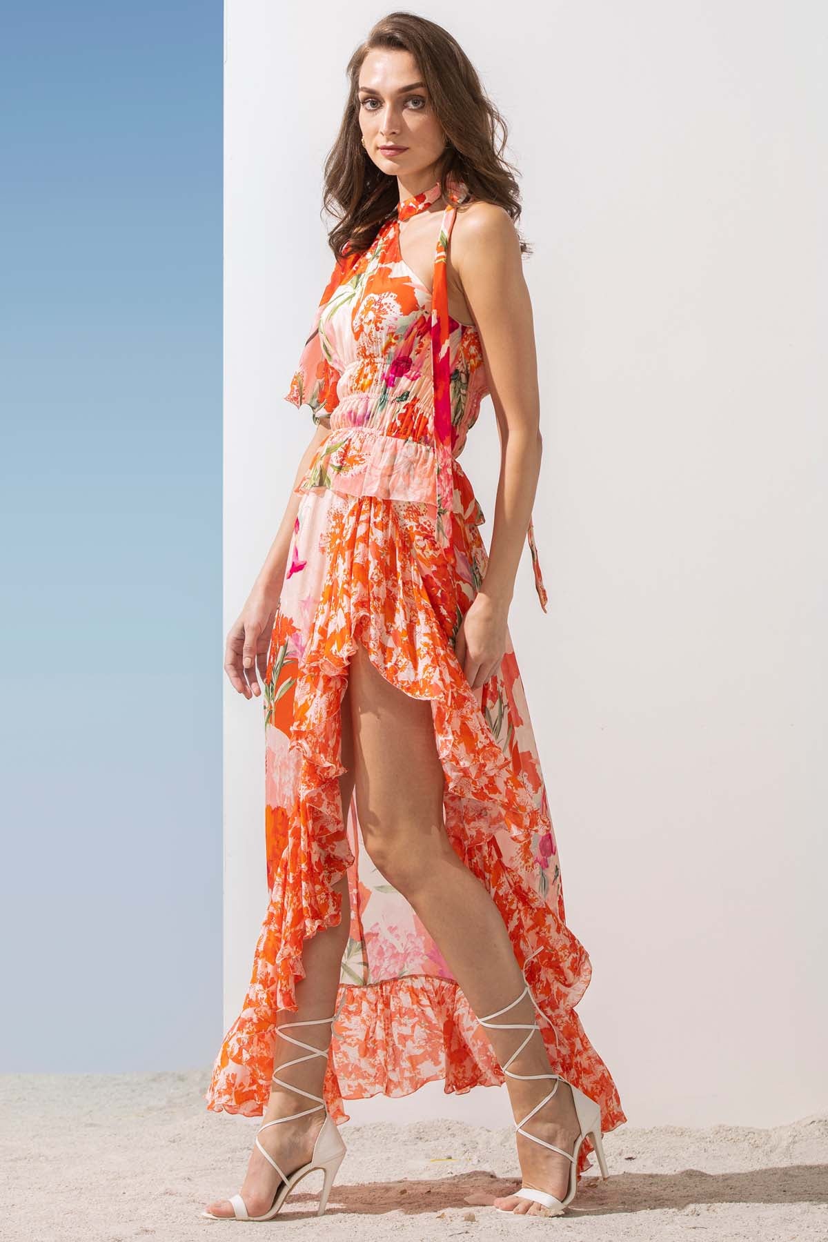 Waterfall Frill Printed Dress