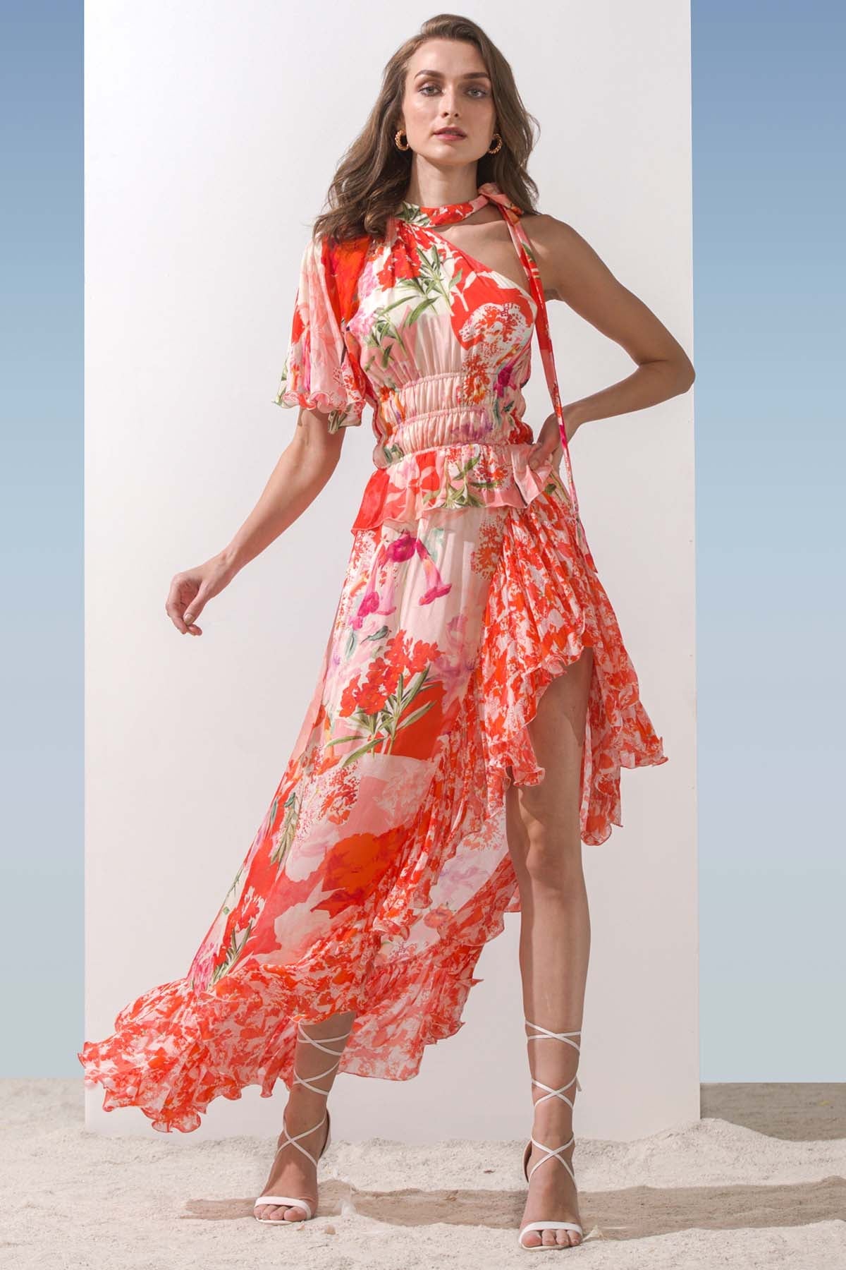 Buy Waterfall Frill Printed Dress by Mandira Wirk