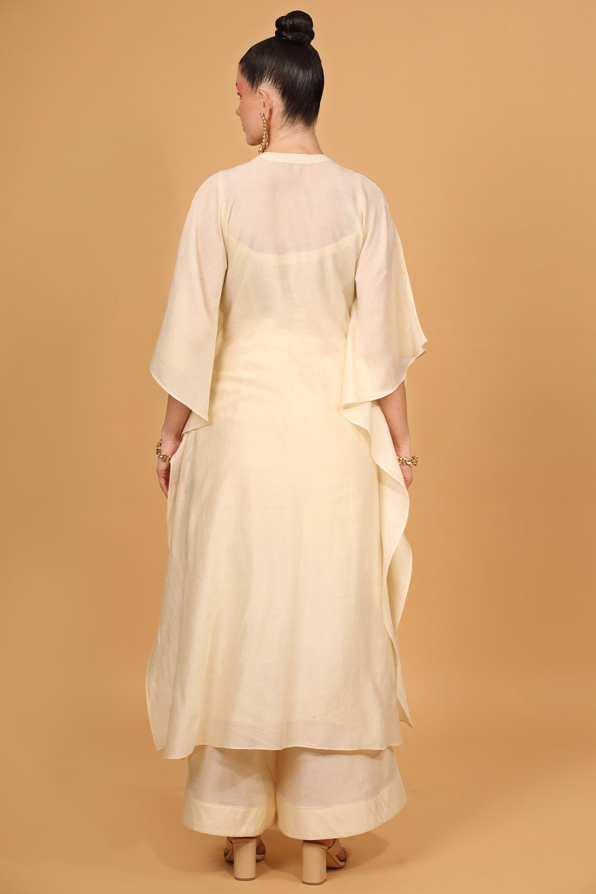 White Chanderi Silk Embroidered Kaftan Set