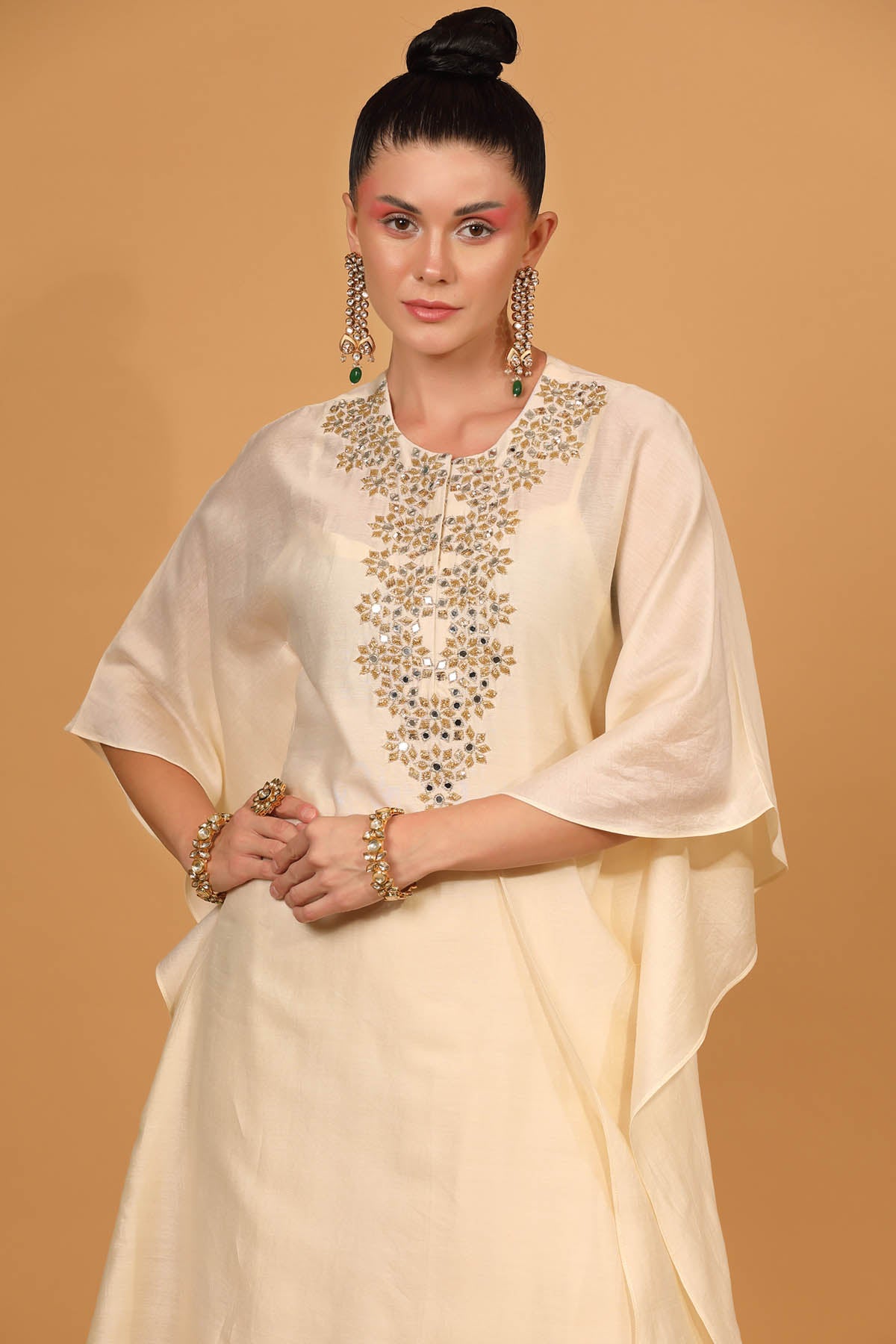 White Chanderi Silk Embroidered Kaftan Set