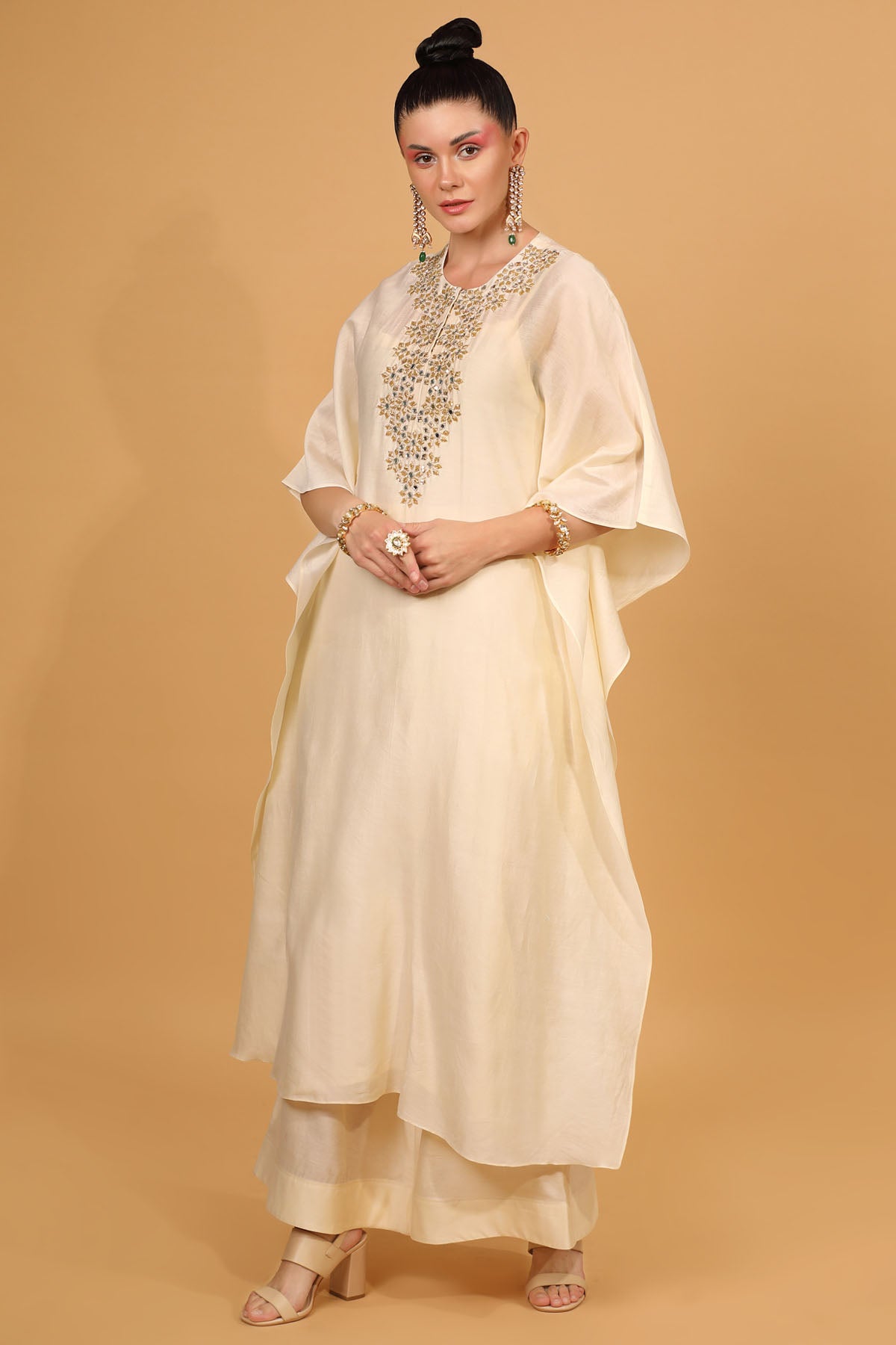White Chanderi Silk Embroidered Kaftan Set