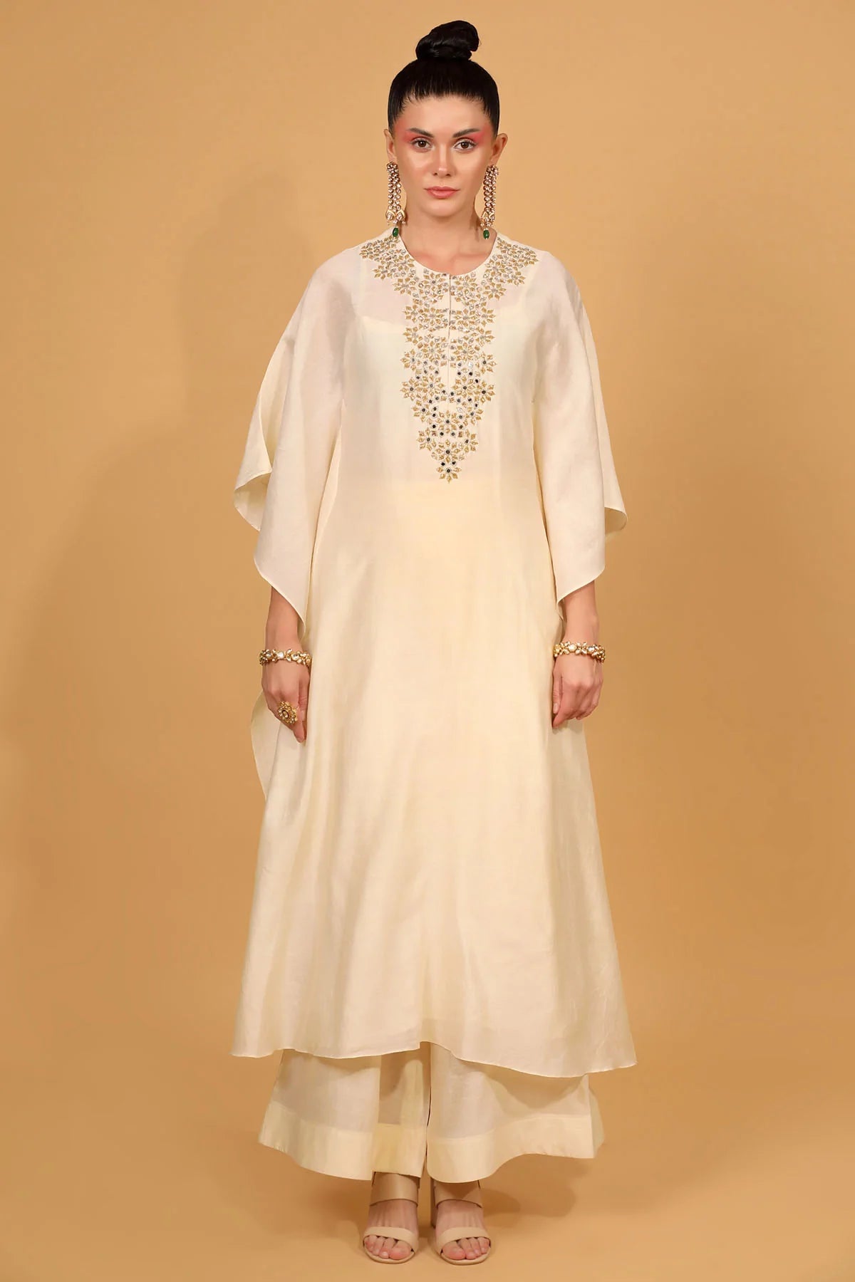 Designer Neha Khullar White Chanderi Silk Embroidered Kaftan Set for Women Online