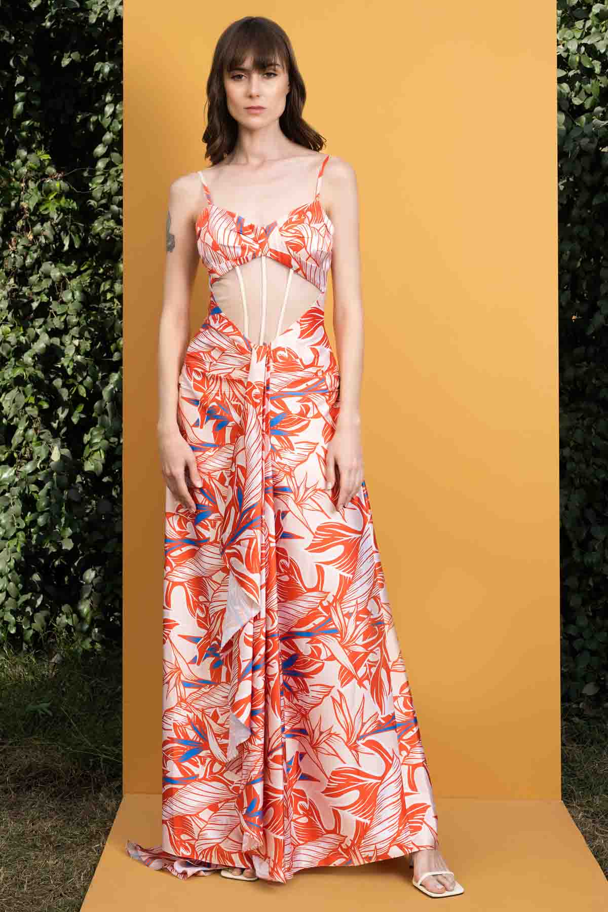 Buy Willow Printed Satin Long Dress by Mandira Wirk