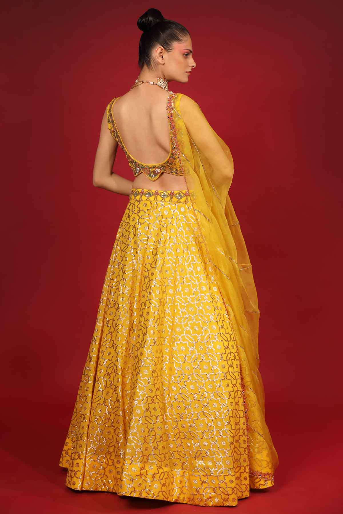 Yellow Chanderi Embroidered Lehenga Set
