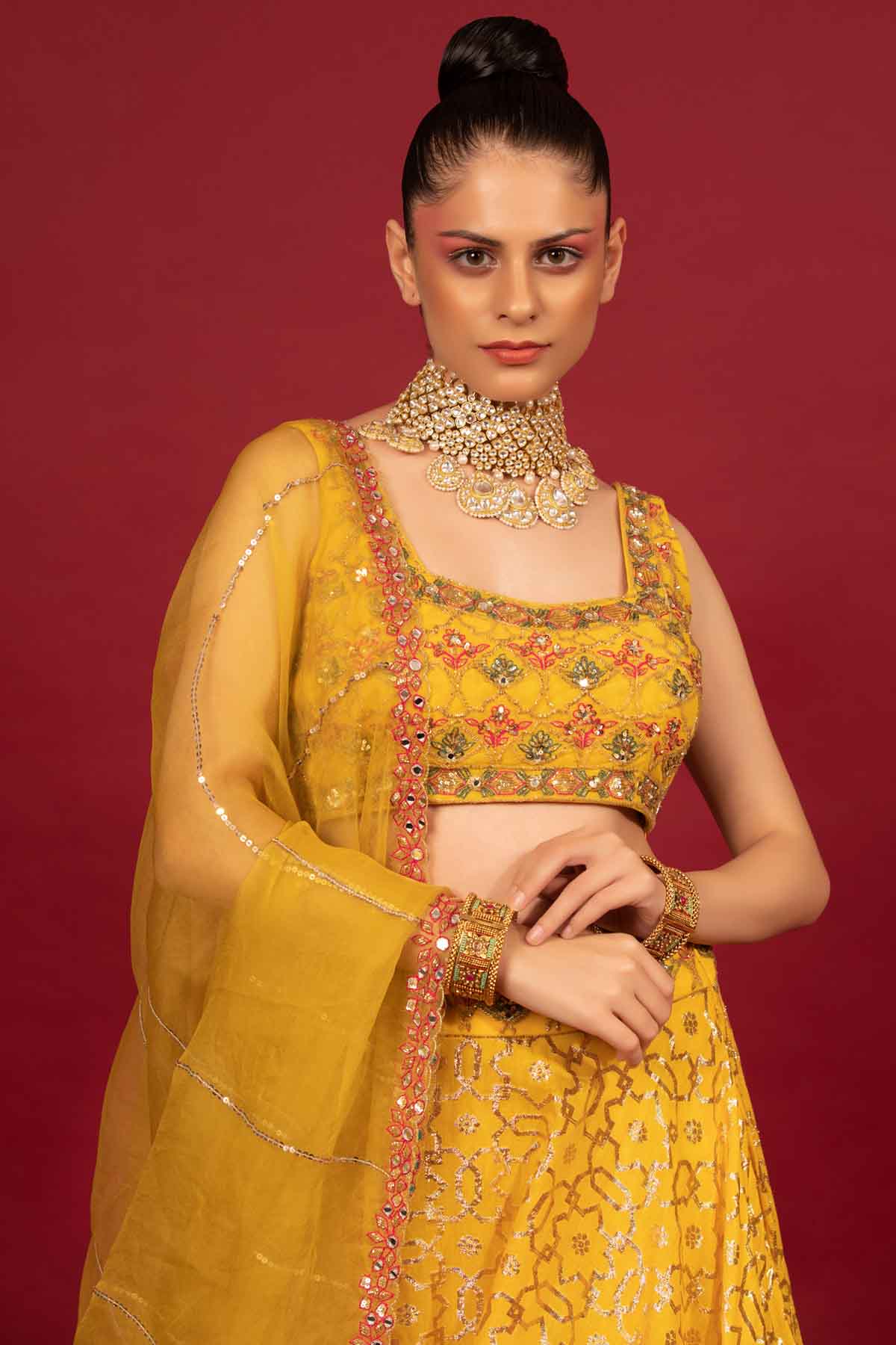 Yellow Chanderi Embroidered Lehenga Set