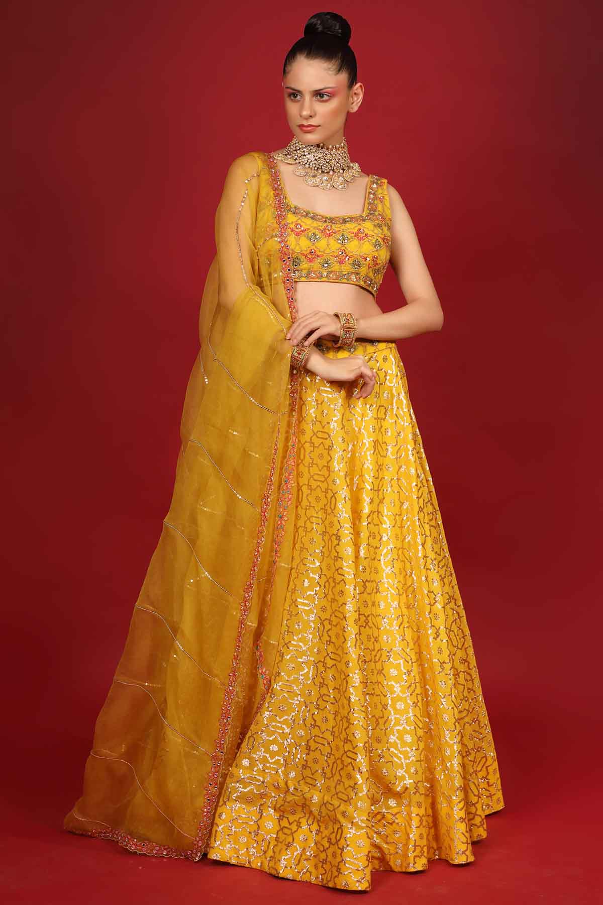 Yellow Chanderi Embroidered Lehenga Set