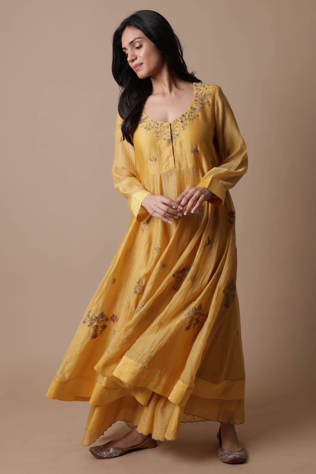 Yellow Chanderi Silk Anarkali Set