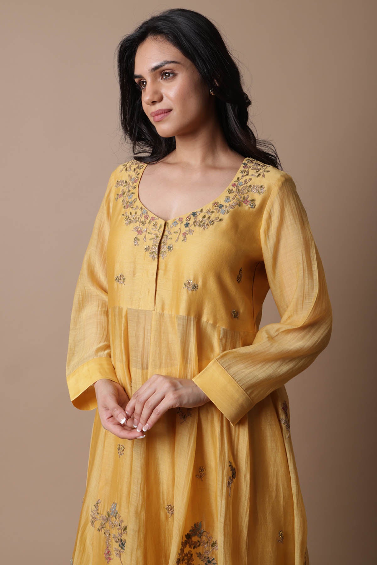 Yellow Chanderi Silk Anarkali Set