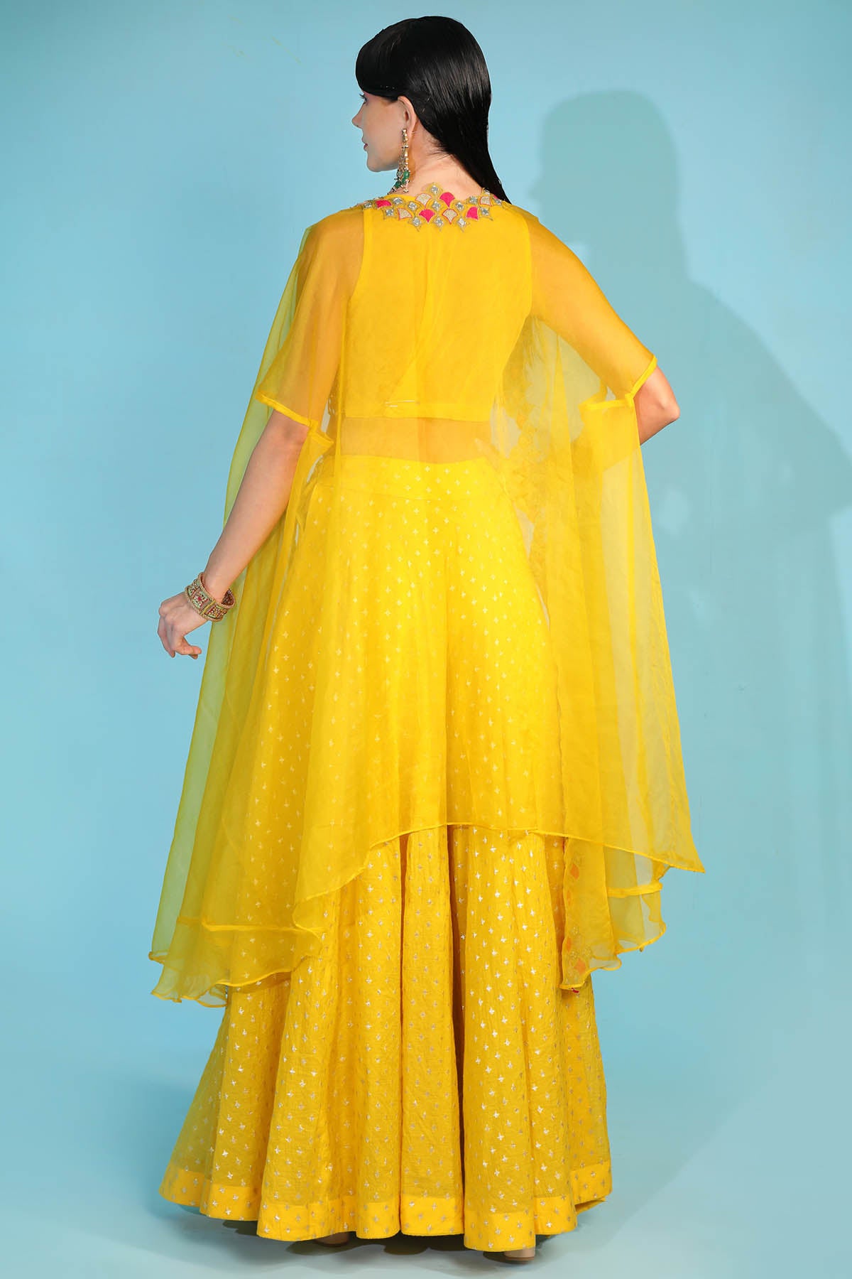 Yellow Embroidered Cape & Sharara Set
