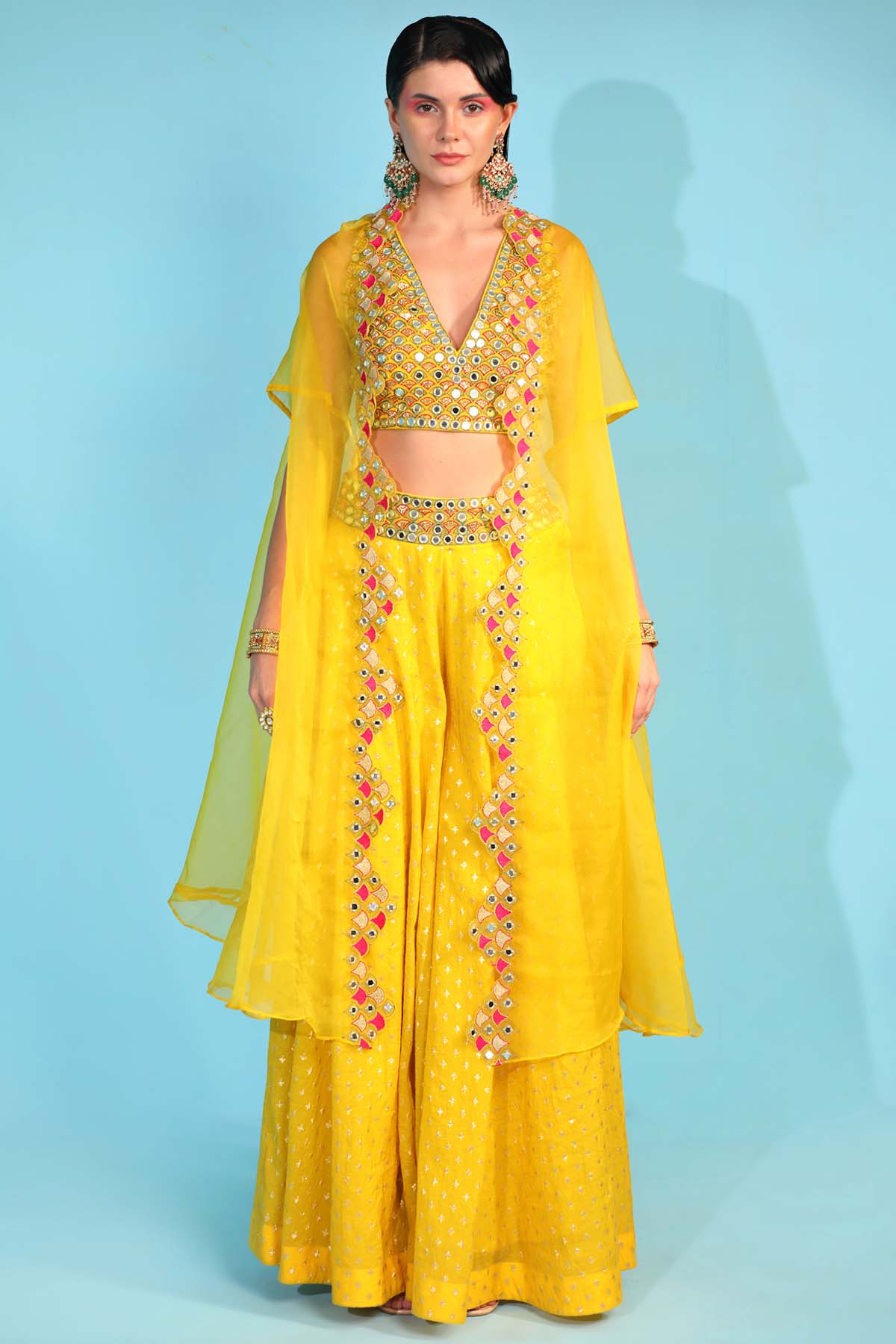 Yellow Embroidered Cape & Sharara Set