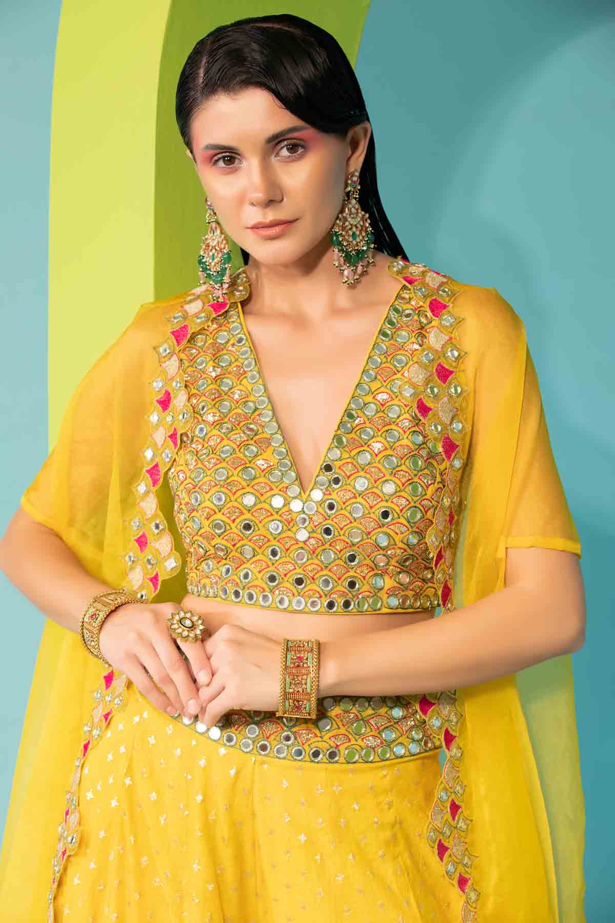 Yellow Embroidered Cape & Sharara Set