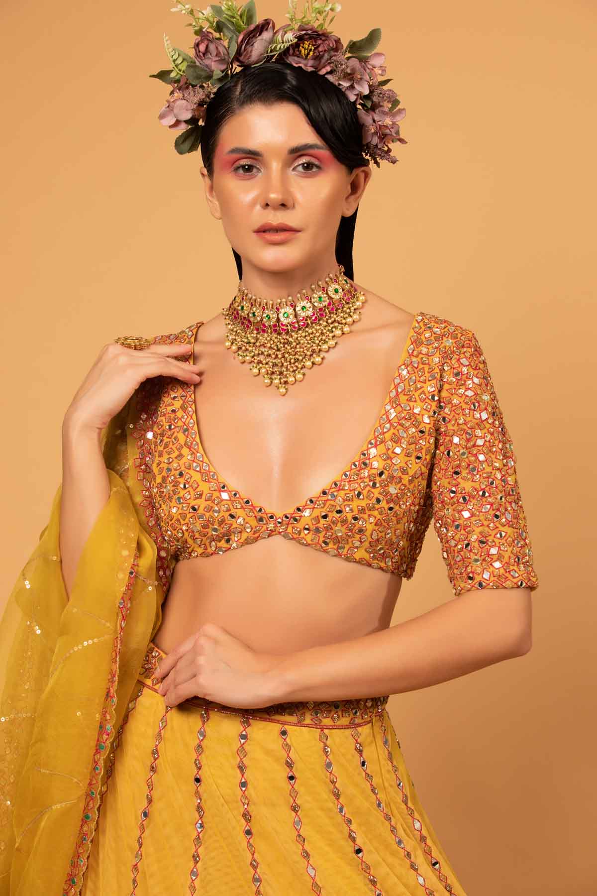 Yellow Embroidered Tulle Lehenga Set