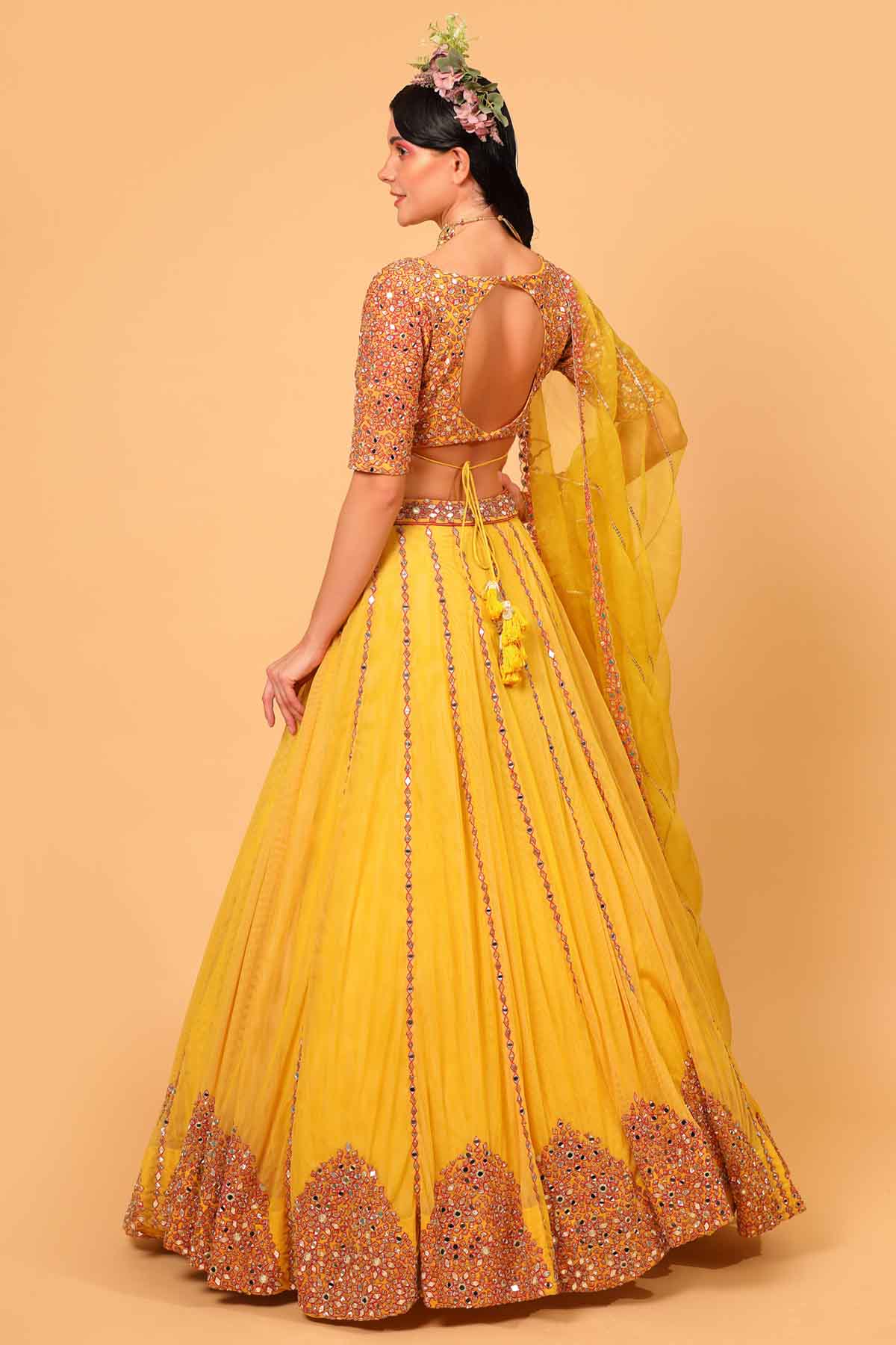 Yellow Embroidered Tulle Lehenga Set