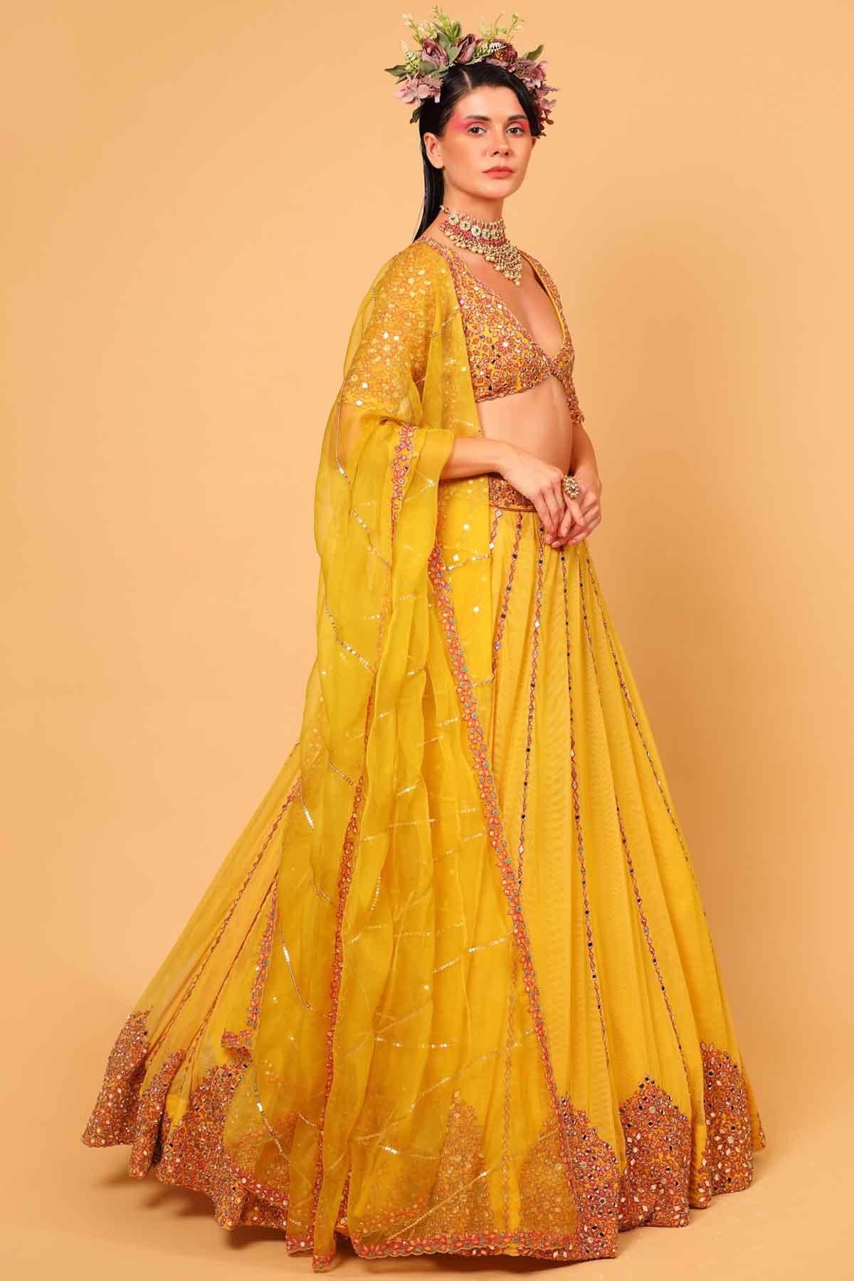 Yellow Embroidered Tulle Lehenga Set