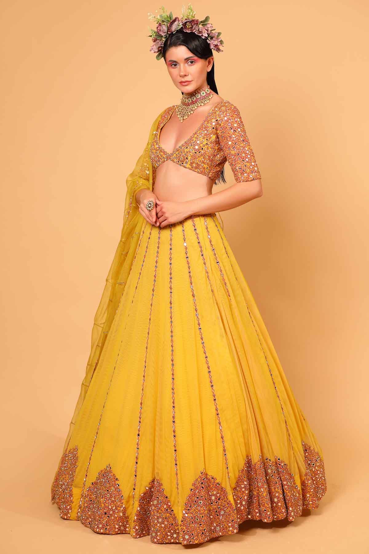 Yellow Embroidered Tulle Lehenga Set