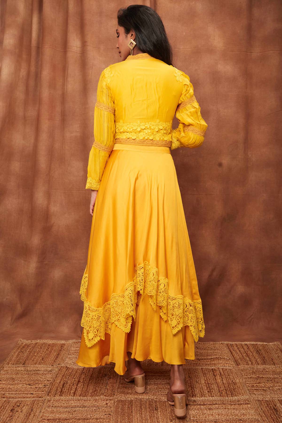 Yellow Silk Jacket & Laced Skirt