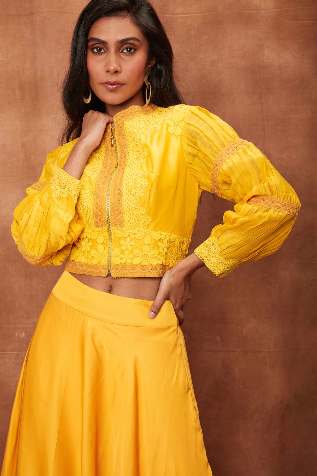 Yellow Silk Jacket & Laced Skirt