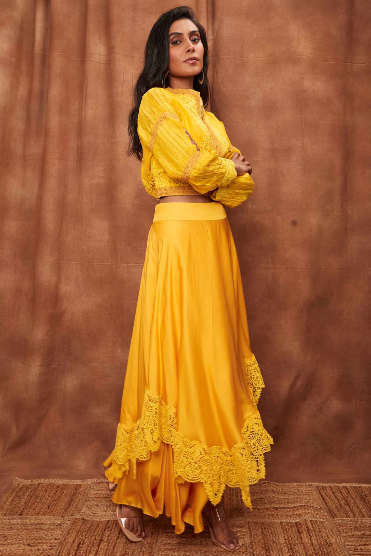 Yellow Silk Jacket & Laced Skirt