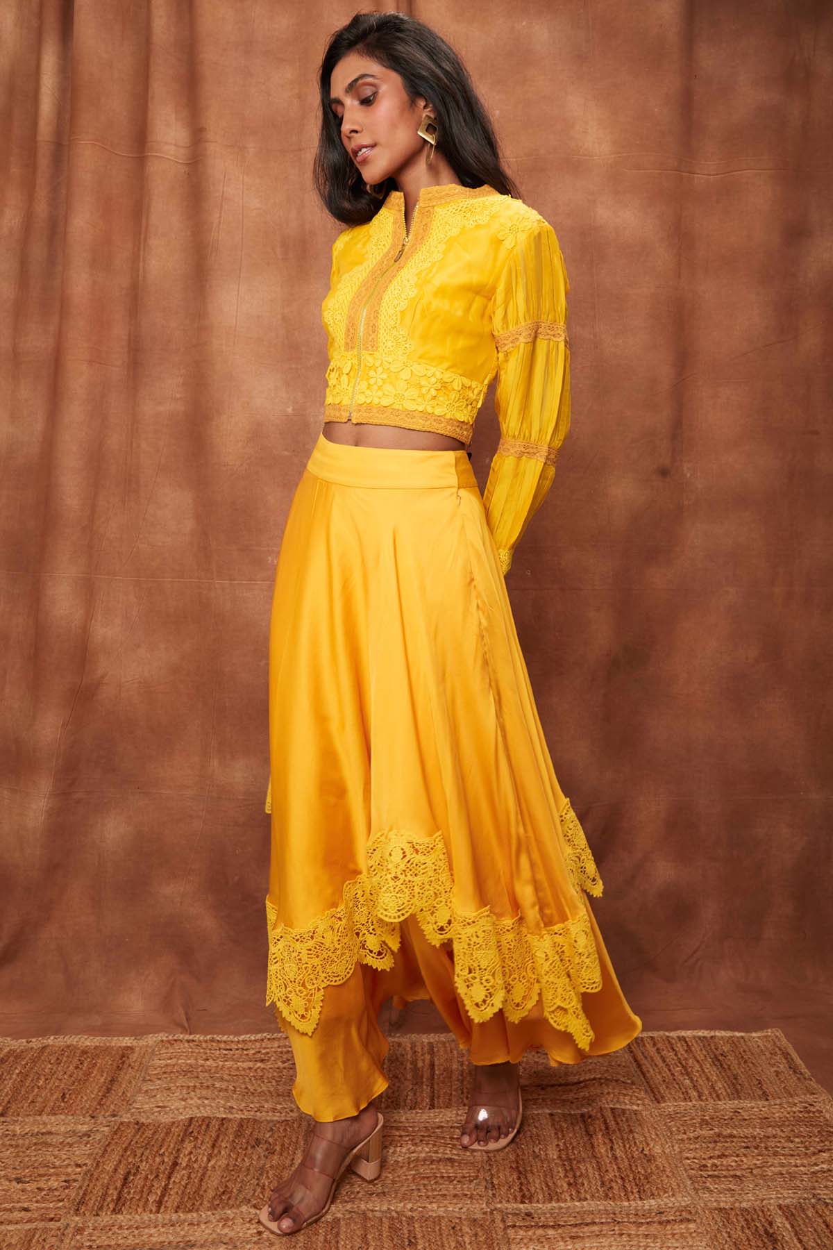 Yellow Silk Jacket & Laced Skirt