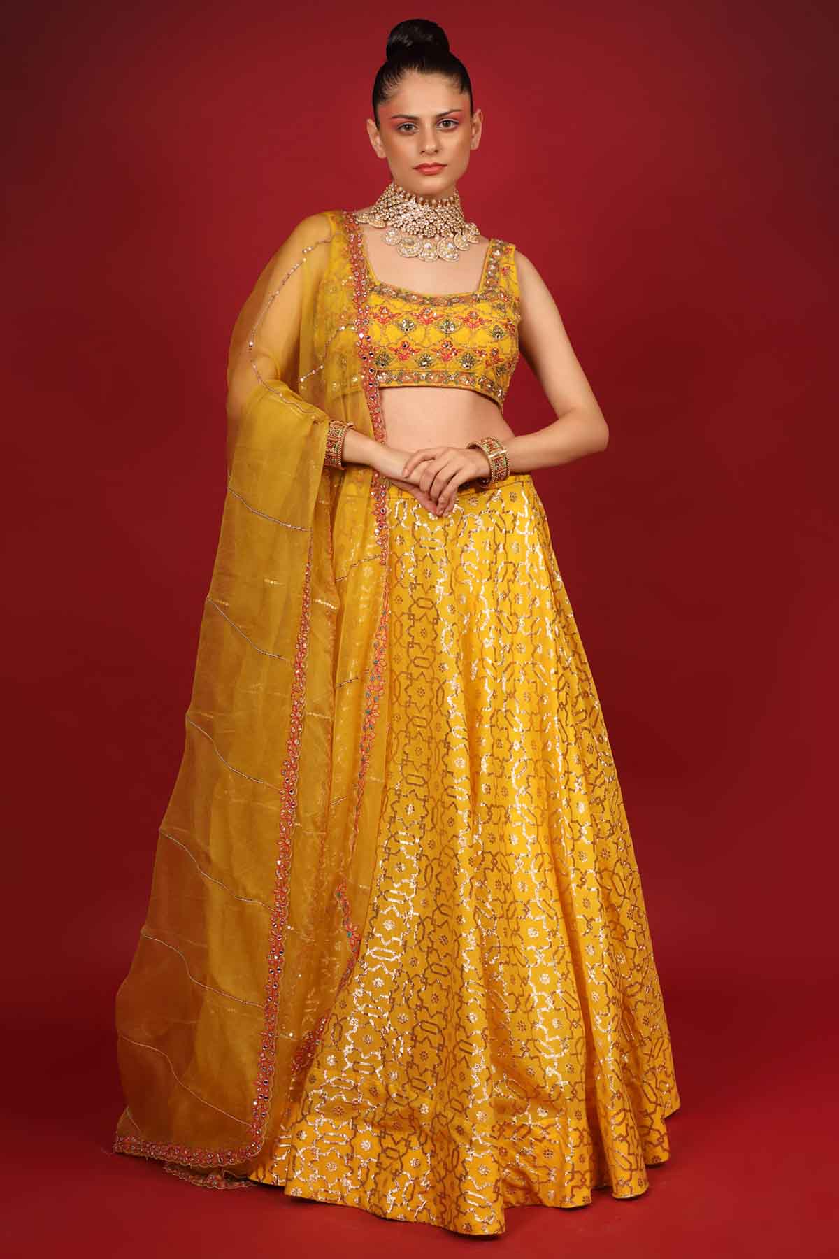 Designer Neha Khullar Yellow Chanderi Embroidered Lehenga Set for Women Online