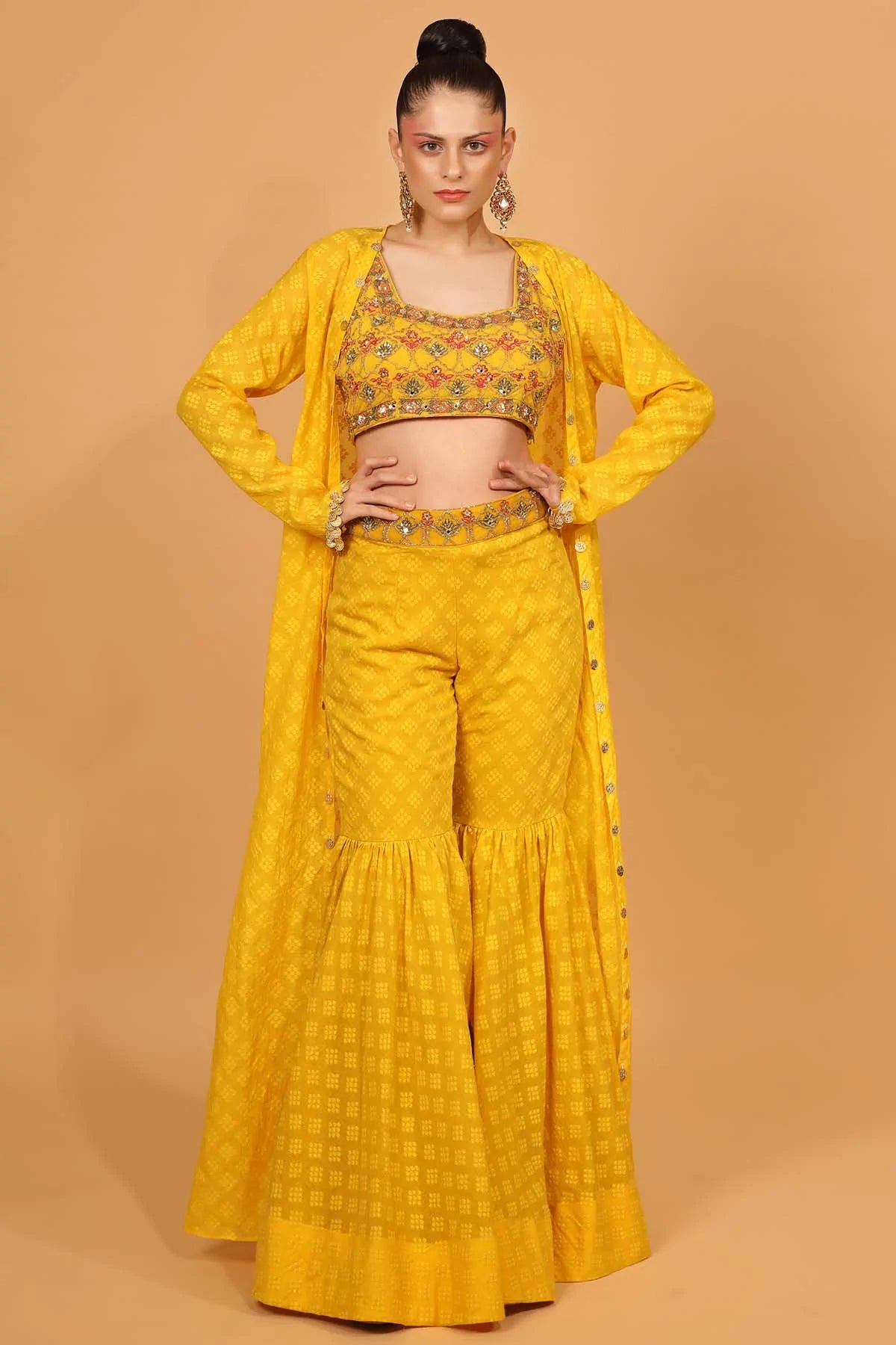 Designer Neha Khullar Yellow Chanderi Embroidered Sharara Set for Women Online