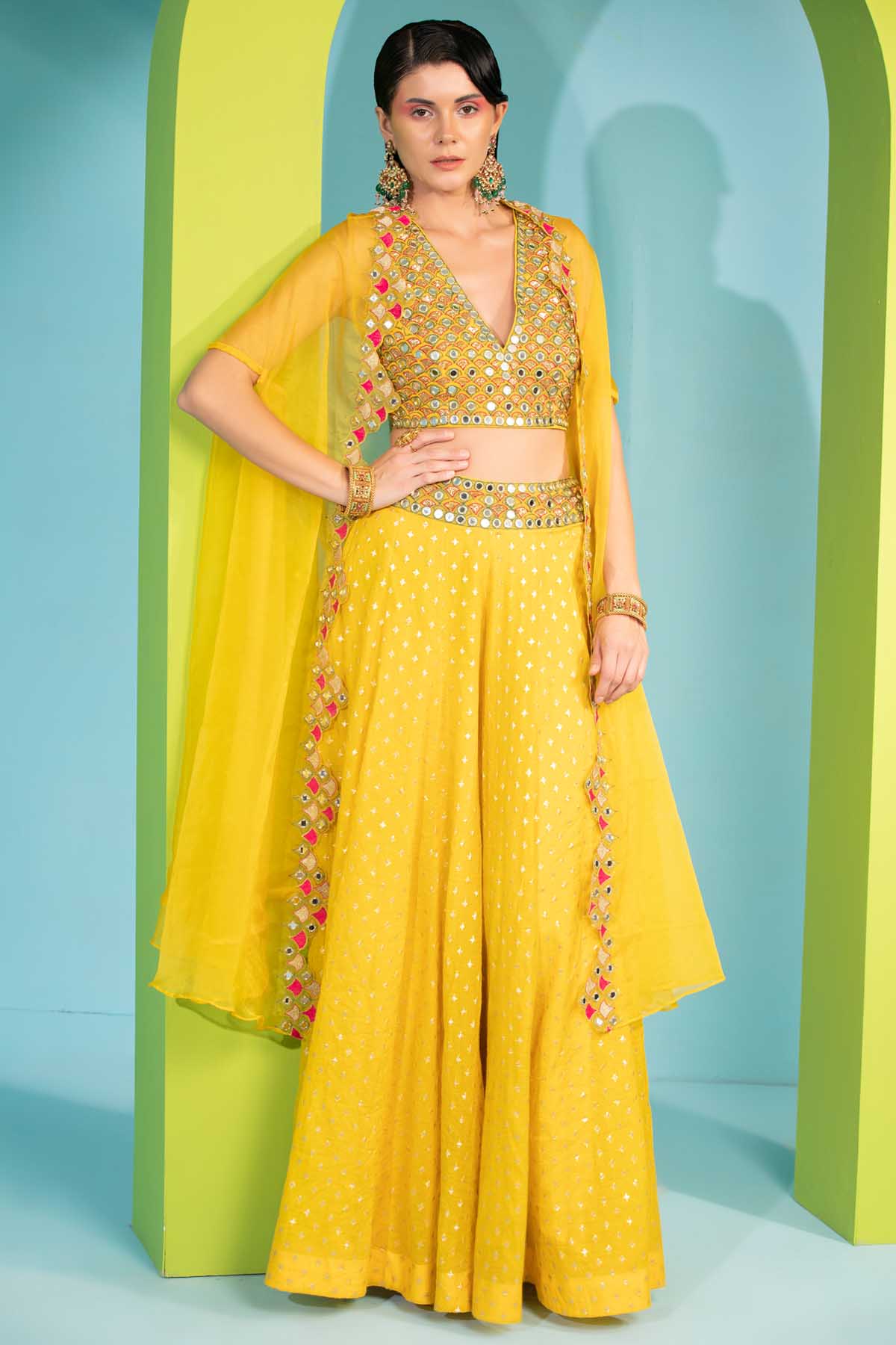 Designer Neha Khullar Yellow Embroidered Cape & Sharara Set for Women Online