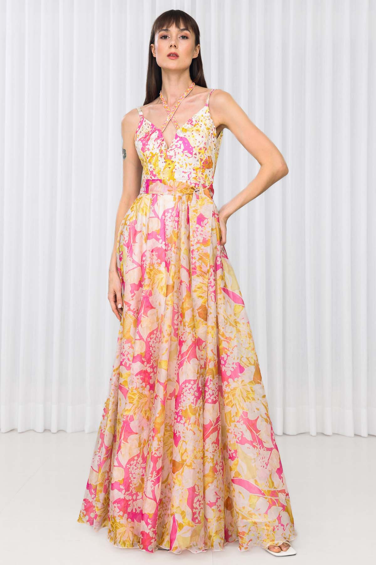 Buy Yellow Embroidered Organza Gown by Mandira Wirk