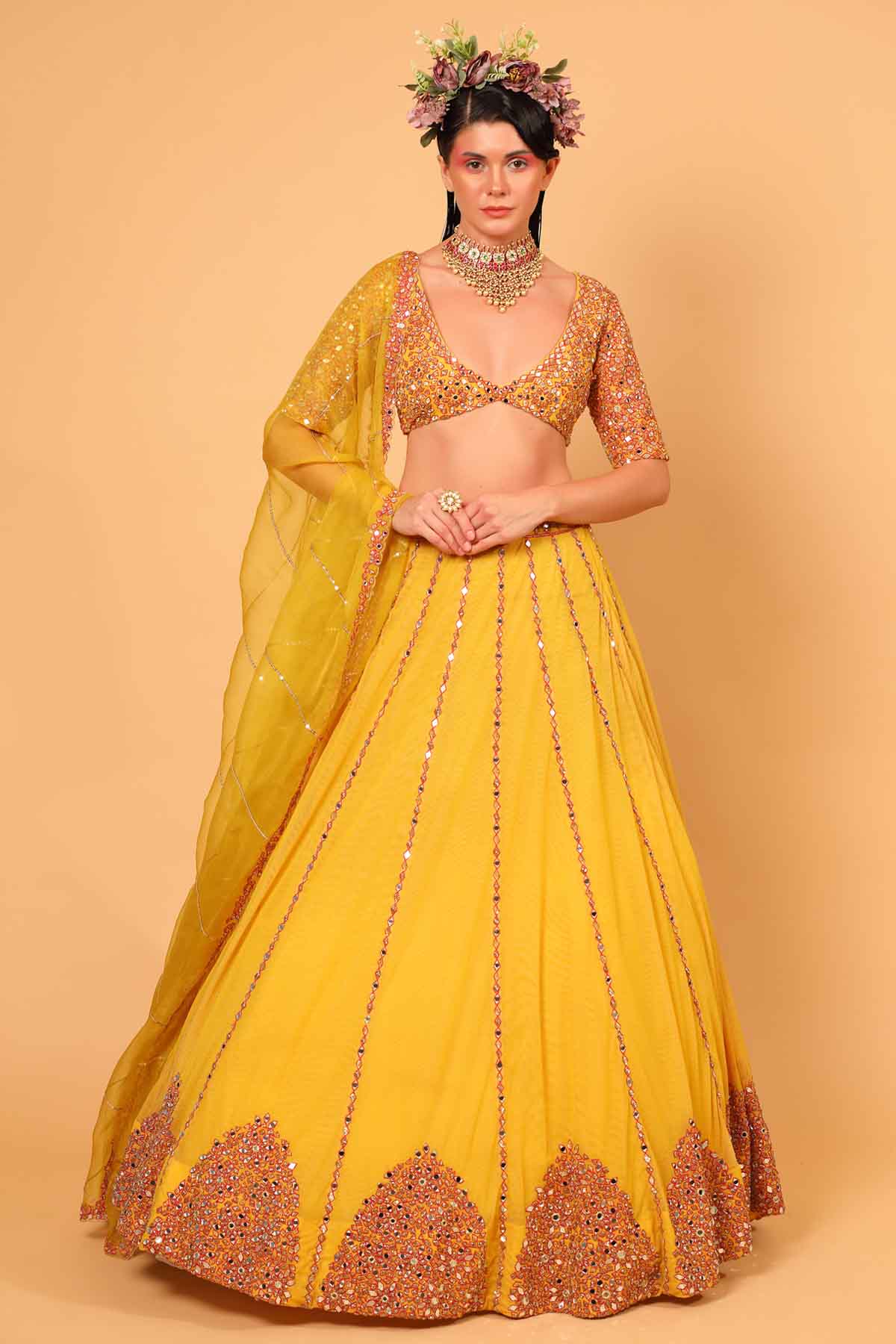 Designer Neha Khullar Yellow Embroidered Tulle Lehenga Set for Women Online