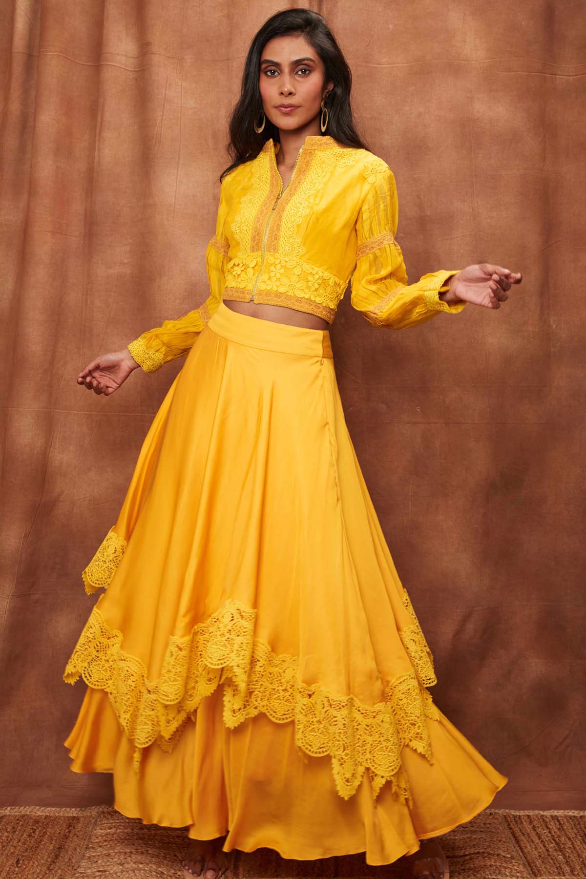 Buy Yellow Silk Jacket & Laced Skirt for Women Online