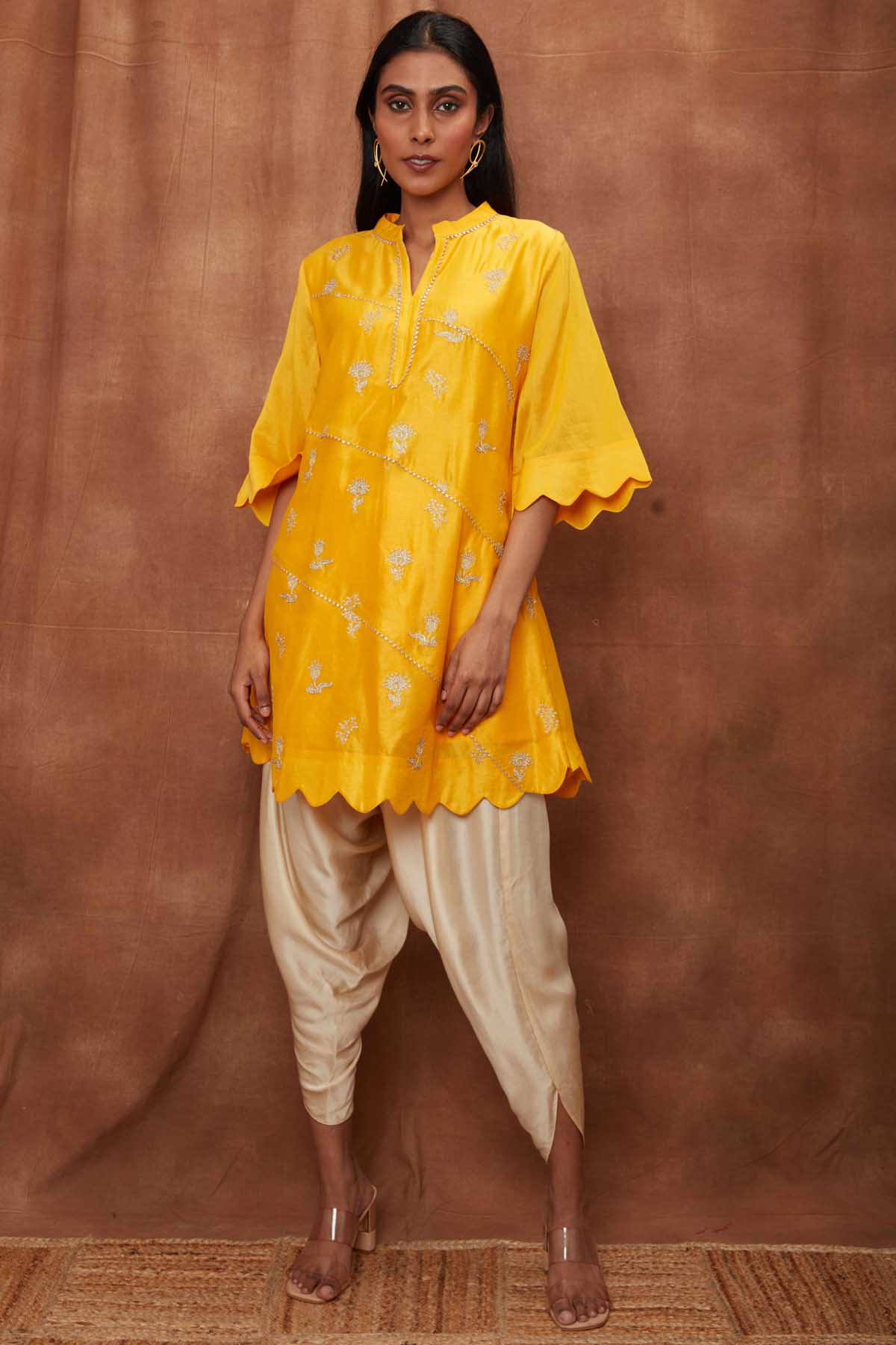 Buy Yellow Silk Scalloped Kurta & Dhoti for Women Online