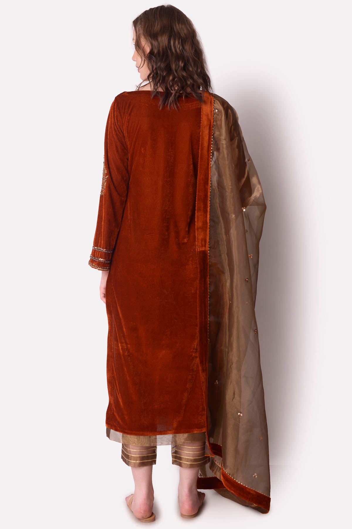Rust Zardosi Velvet Kurta Set