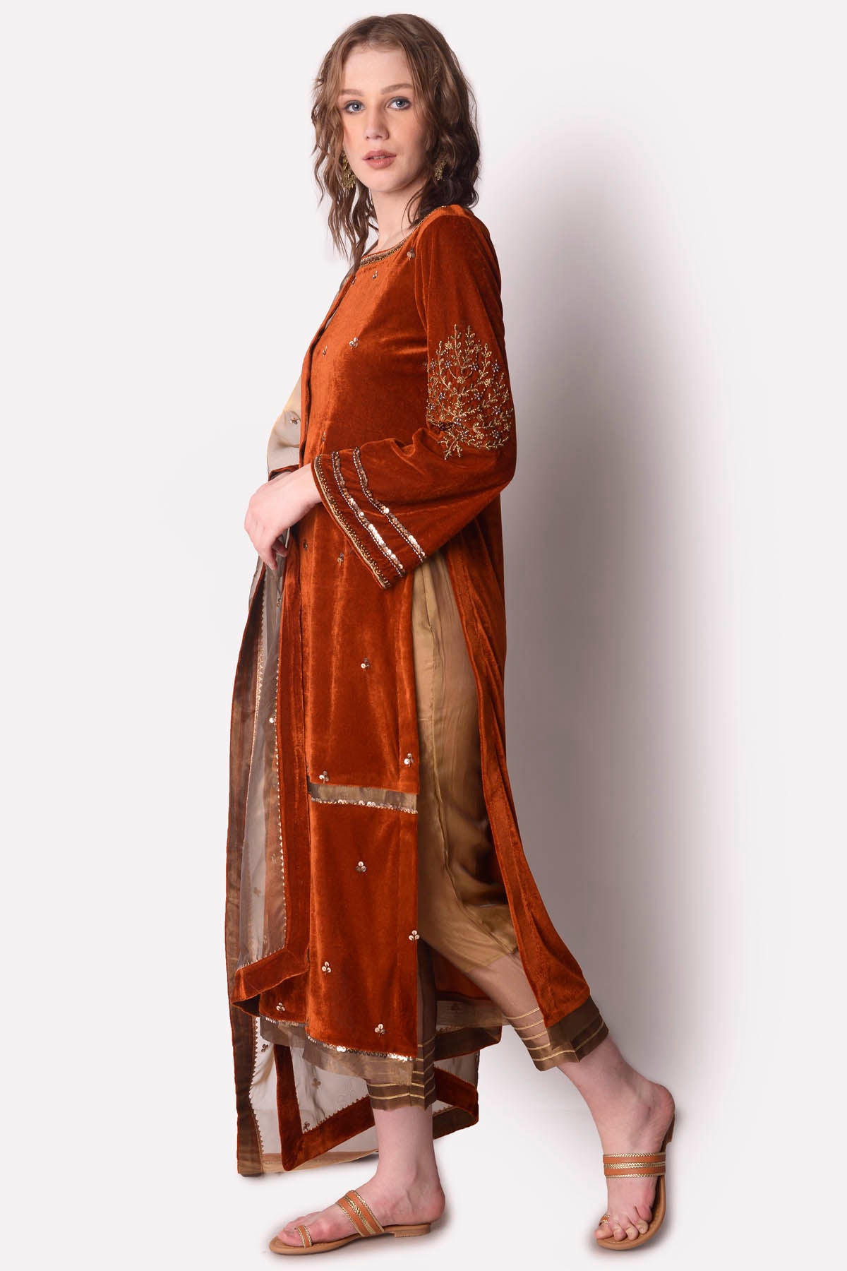 Rust Zardosi Velvet Kurta Set