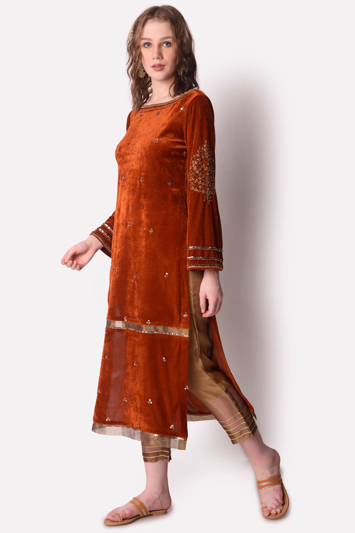 Rust Zardosi Velvet Kurta Set