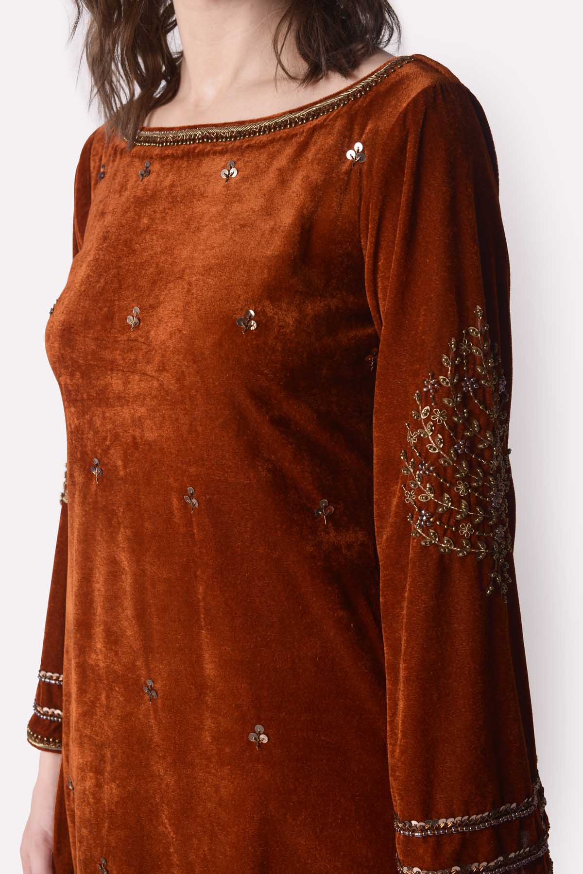 Rust Zardosi Velvet Kurta Set