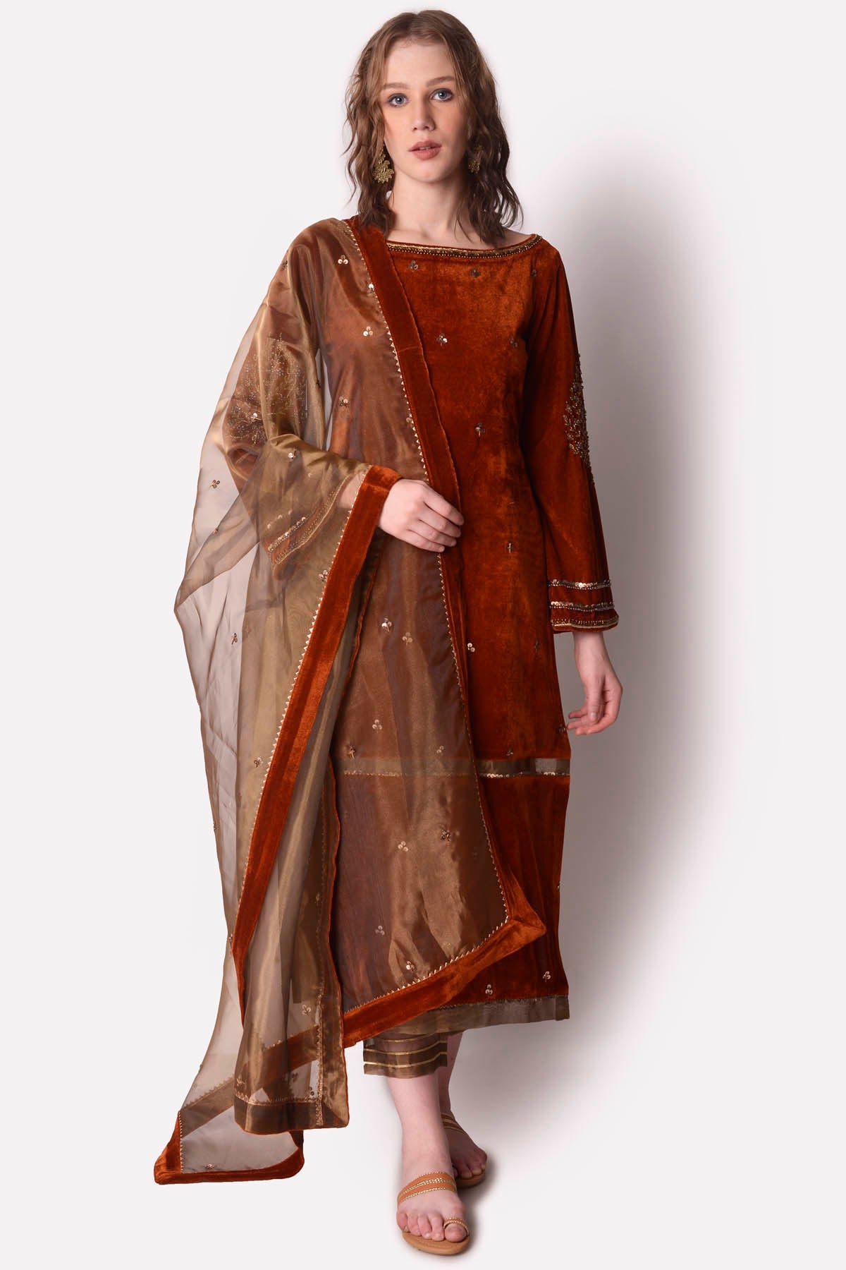 Rust Zardosi Velvet Kurta Set