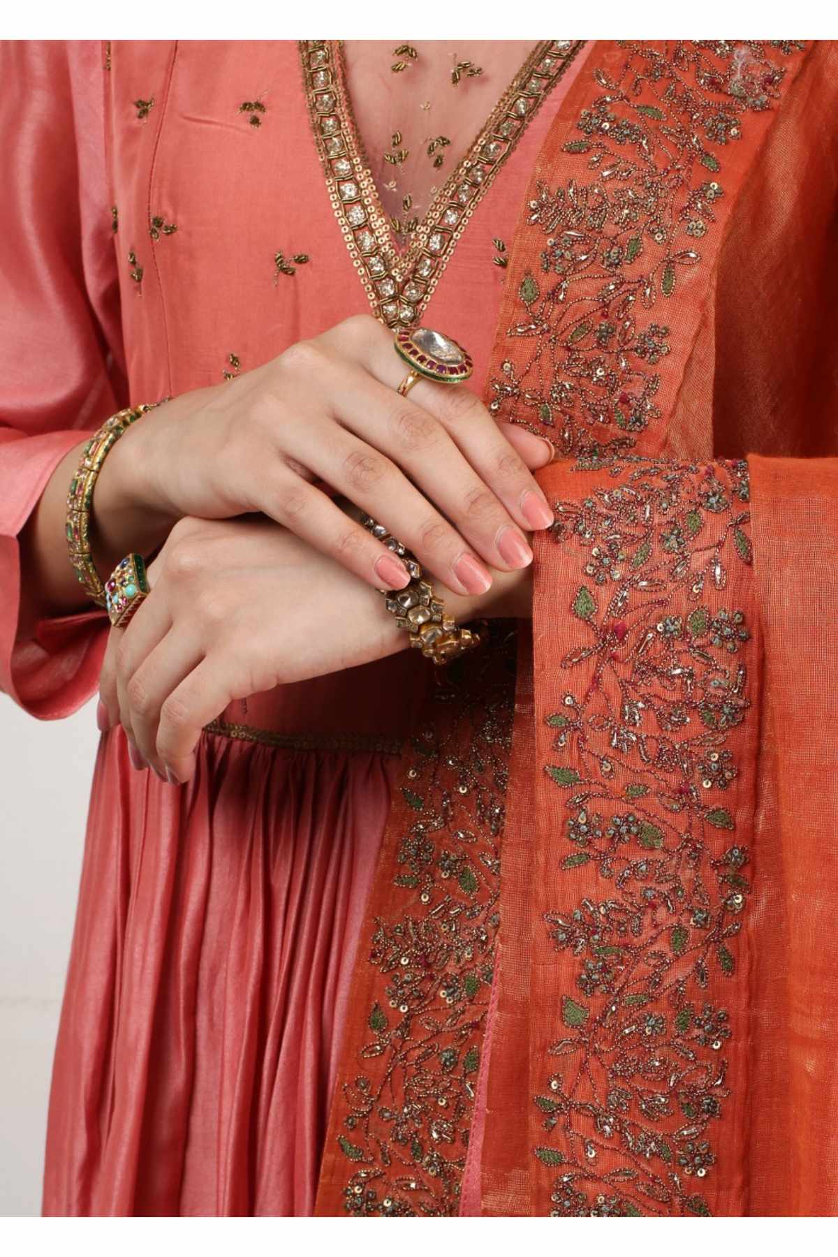 Pink Aari Zardosi Long Kurta Set