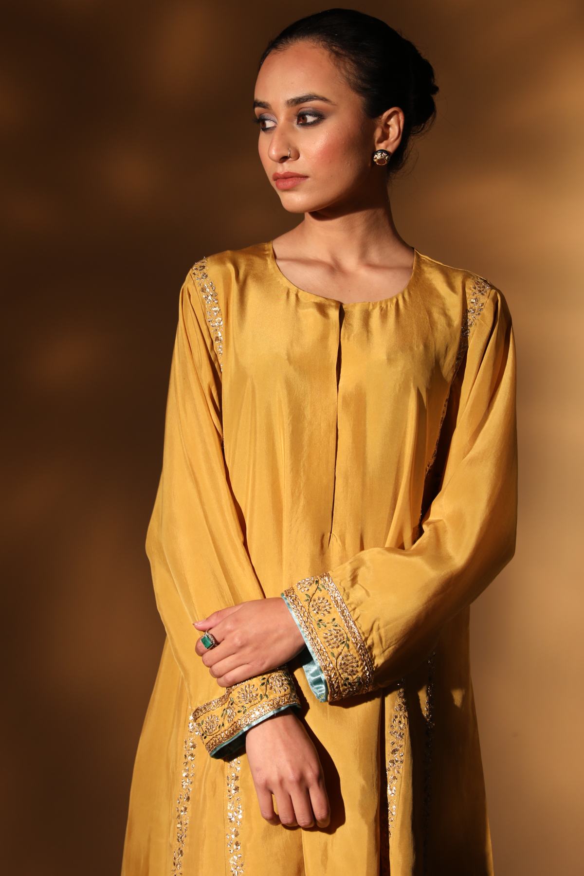 Yellow Aari Round Neck Kurta Set