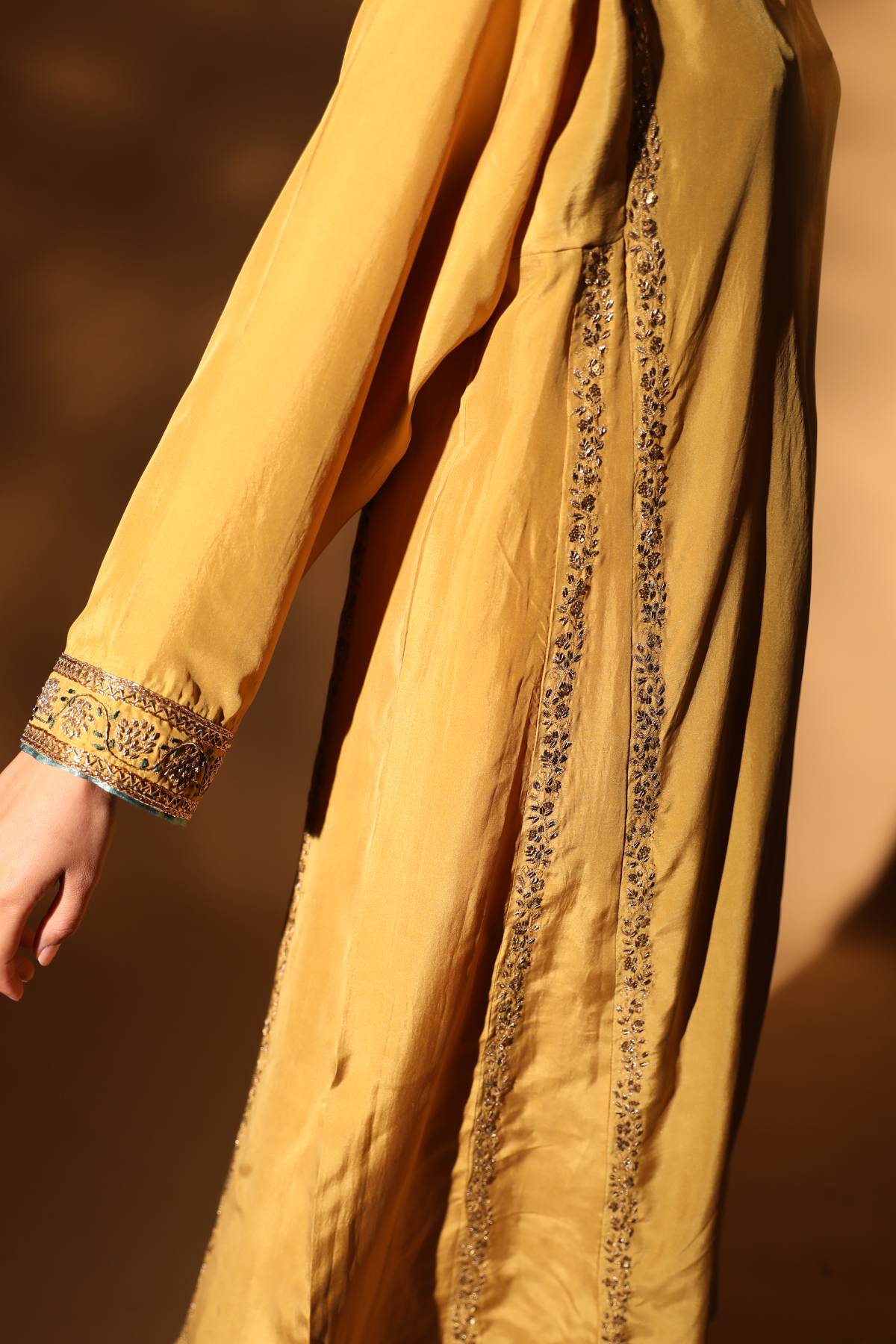 Yellow Aari Round Neck Kurta Set