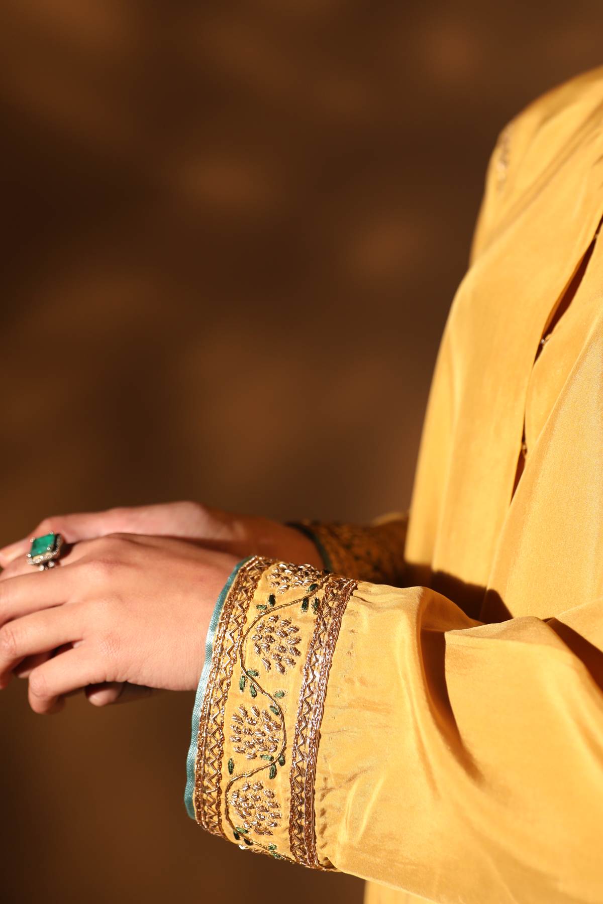 Yellow Aari Round Neck Kurta Set