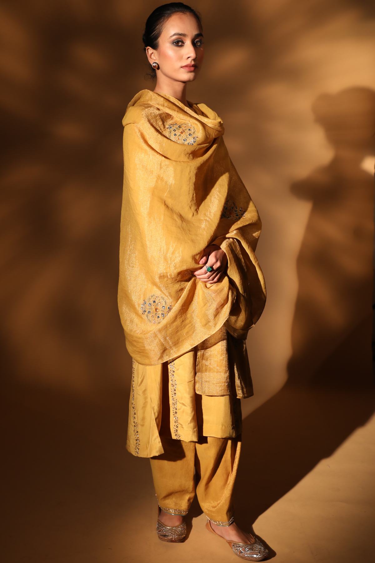 Yellow Aari Round Neck Kurta Set