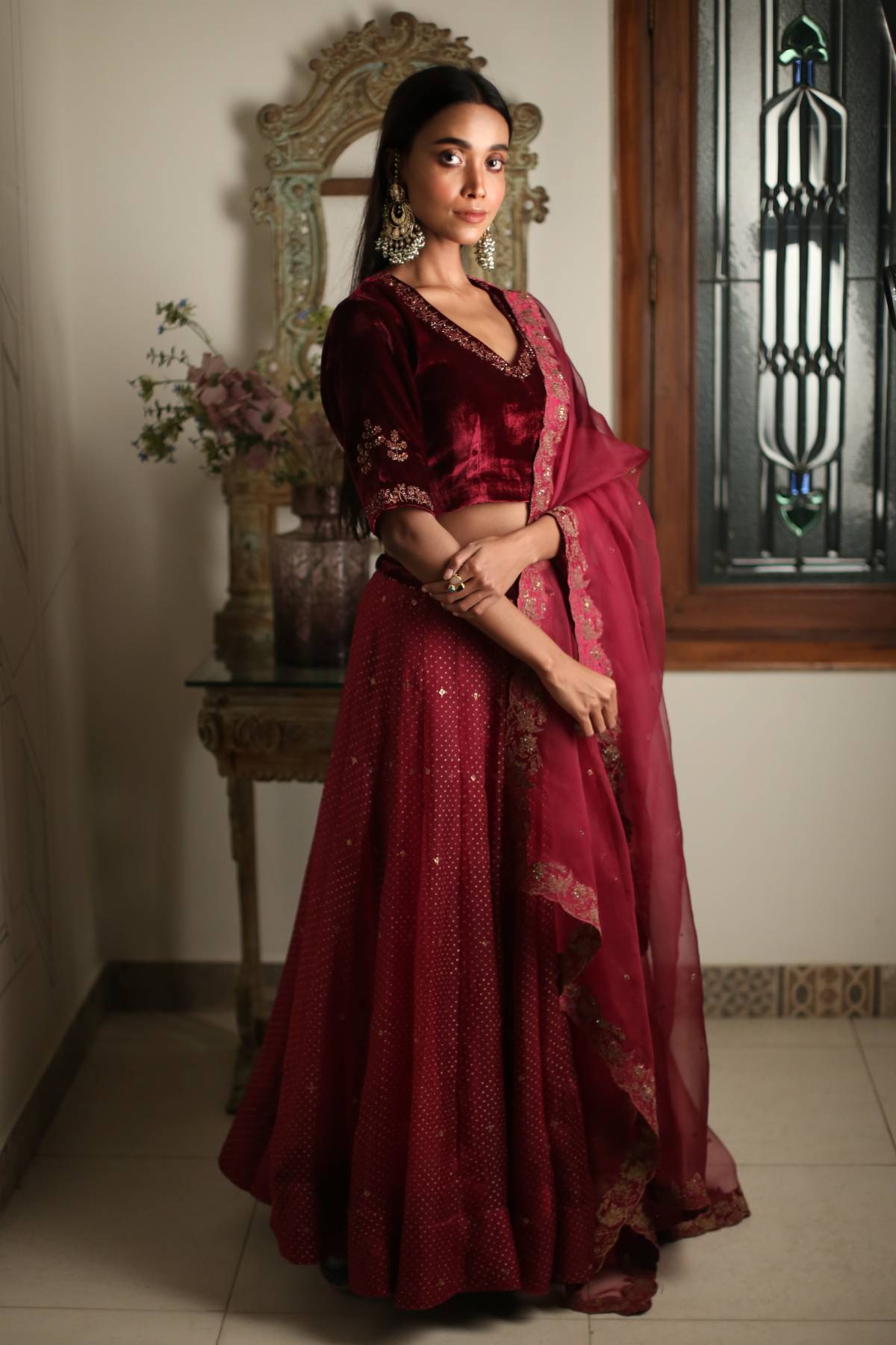 Aari Zardosi Red Lehenga Set