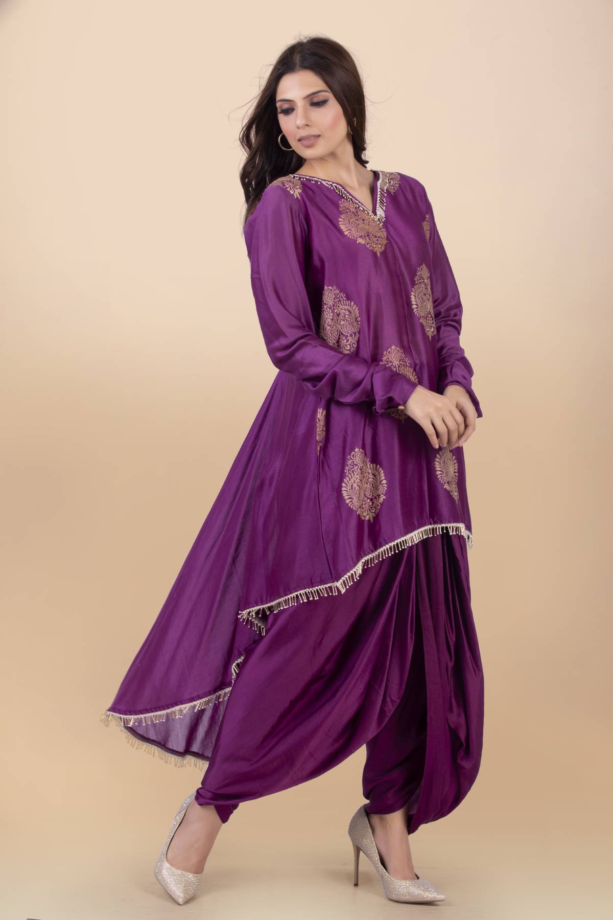 Asymmetric Purple Kurta Set
