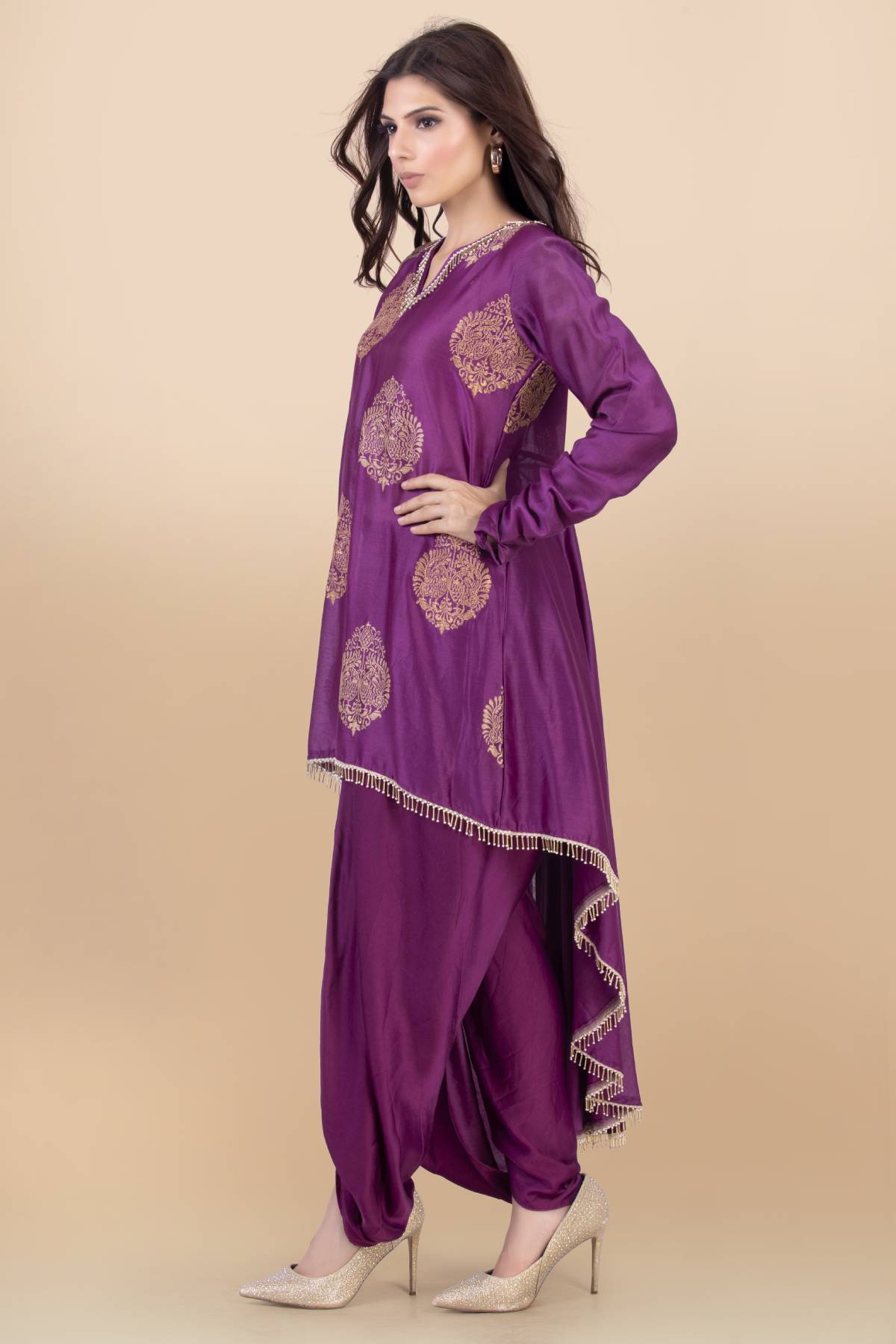 Asymmetric Purple Kurta Set