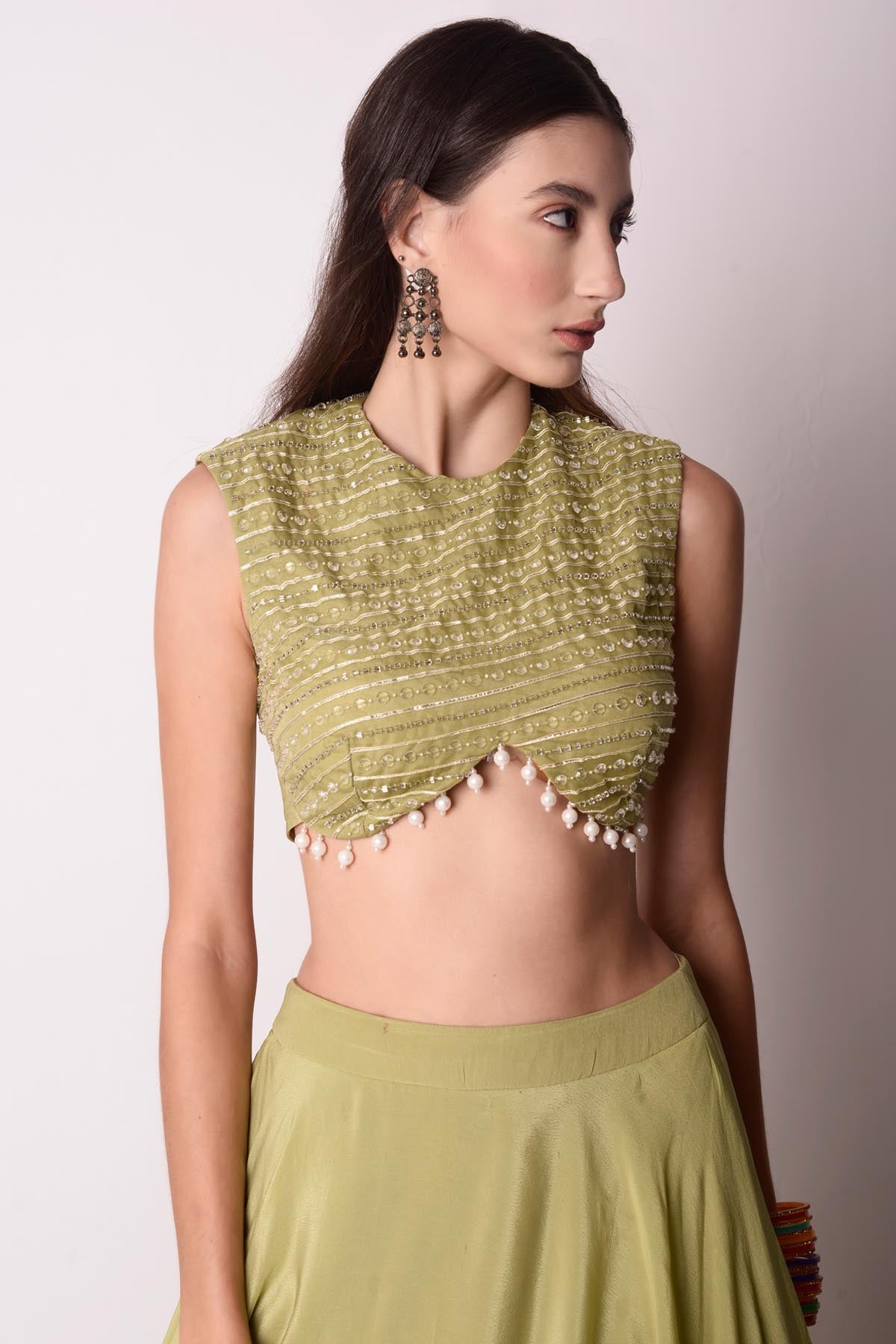 Asymmetric Green Lehenga Set