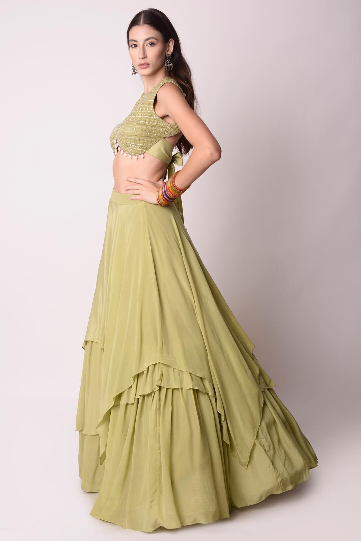 Asymmetric Green Lehenga Set